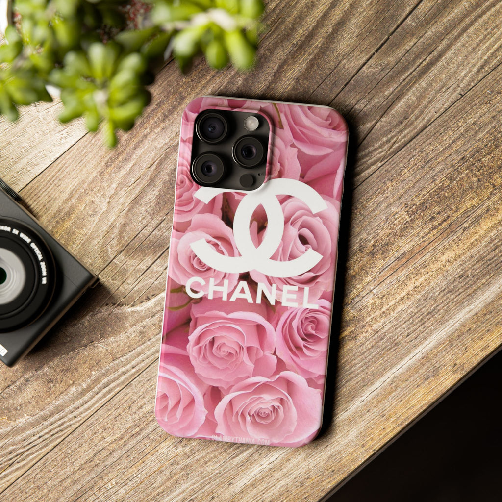 Slim Phone Case — Pink Rose Floral Design with Luxury Logo