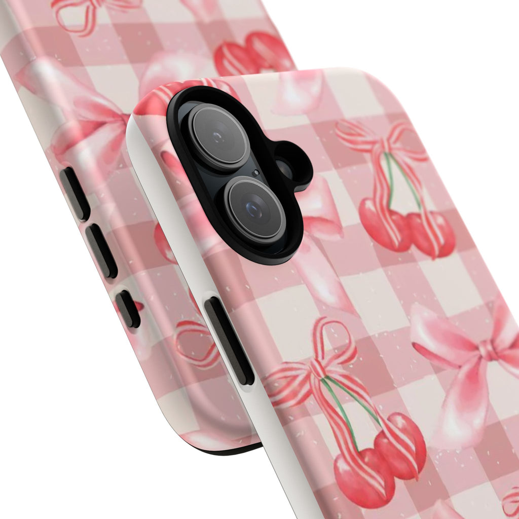 Pink Cherry Bow Phone Case — Cute Gingham Cherry Pattern