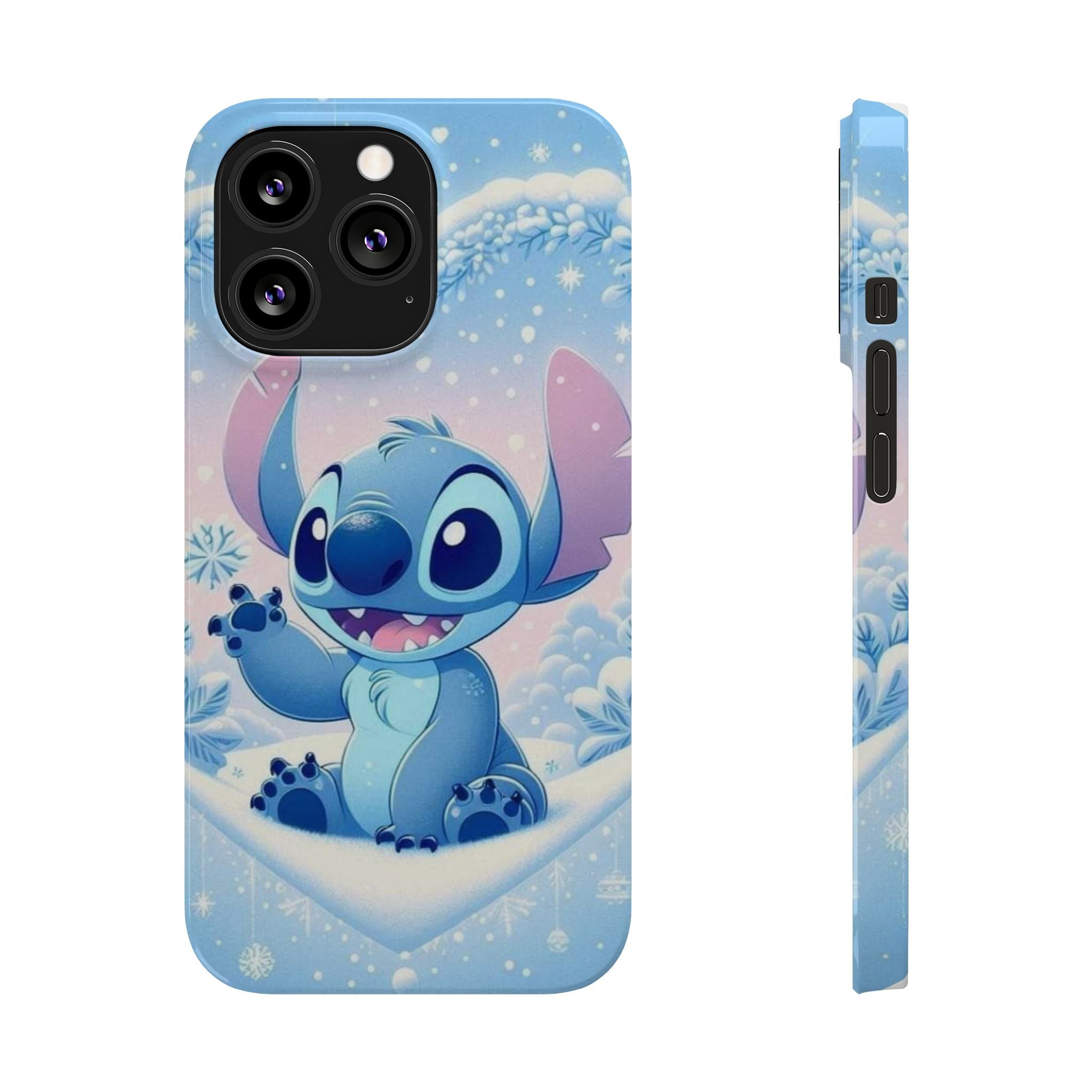 Cute Blue Alien Character Slim Phone Case | Snow Heart Pattern