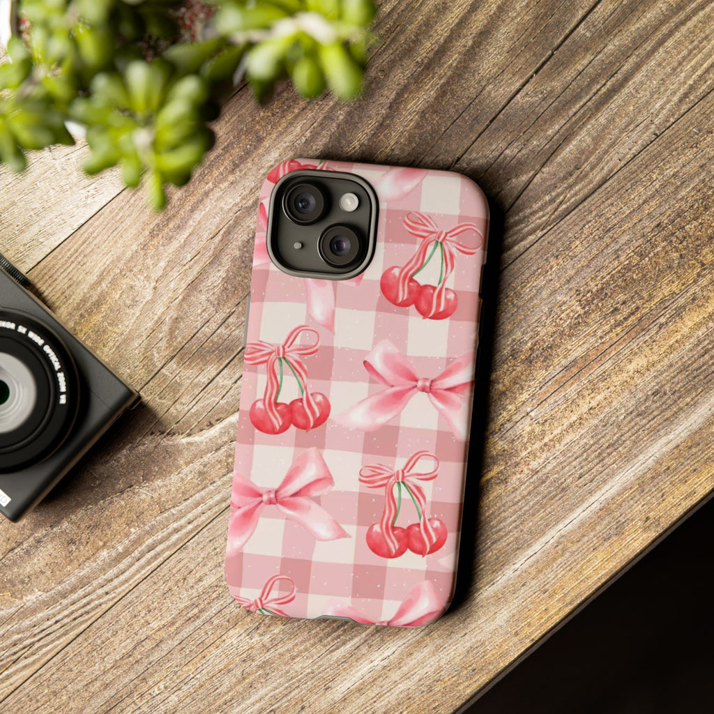 Pink Cherry Bow Phone Case — Cute Gingham Cherry Pattern