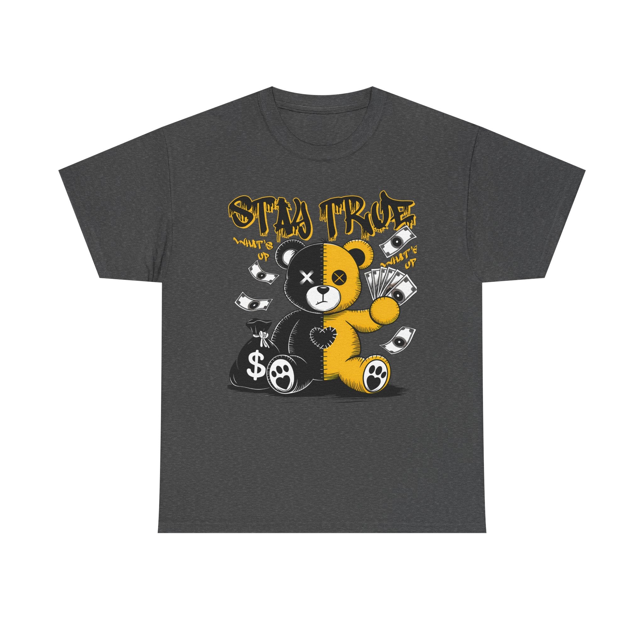 Stay True Bear Graphic Tee — Cute Black & Yellow Money Bear Shirt