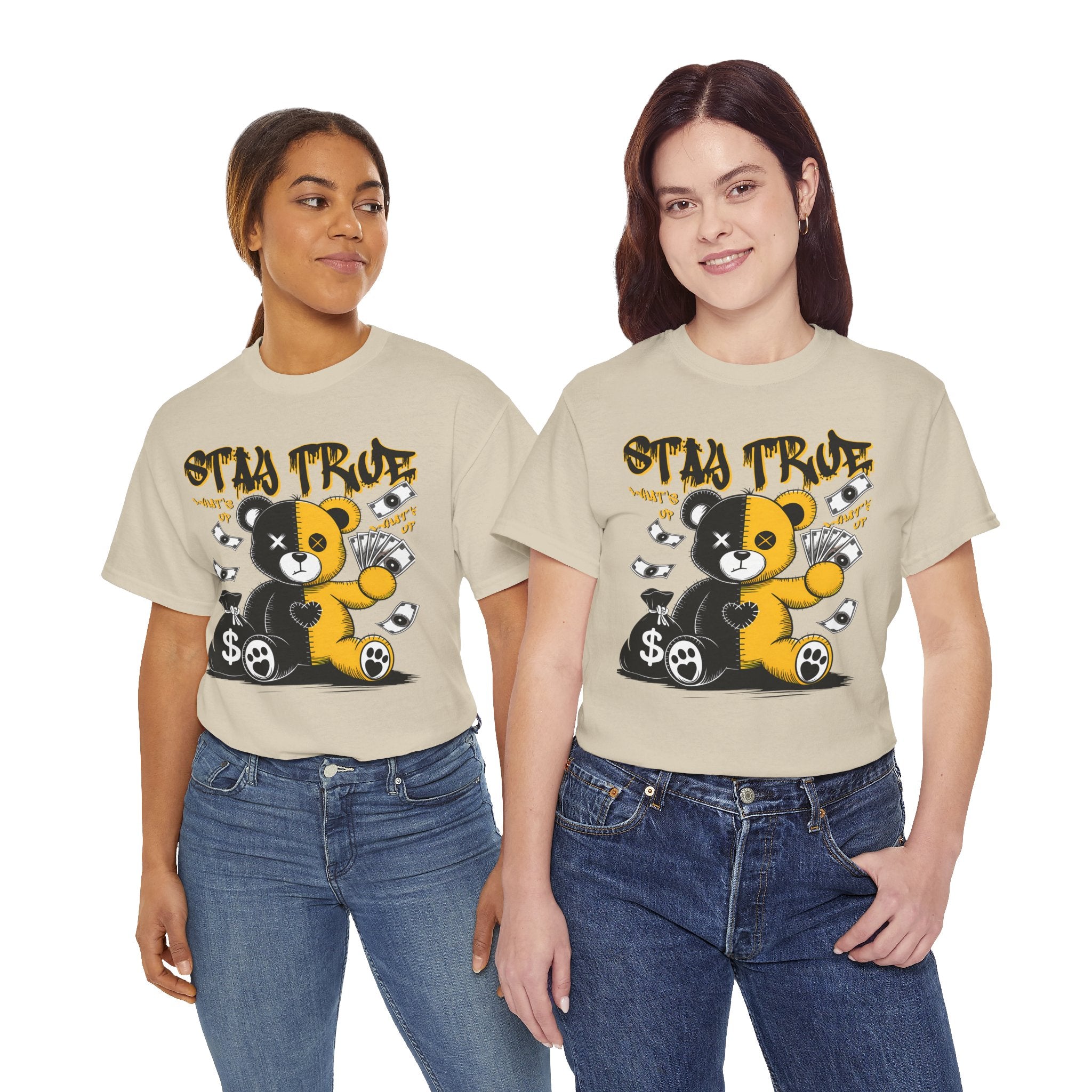 Stay True Bear Graphic Tee — Cute Black & Yellow Money Bear Shirt
