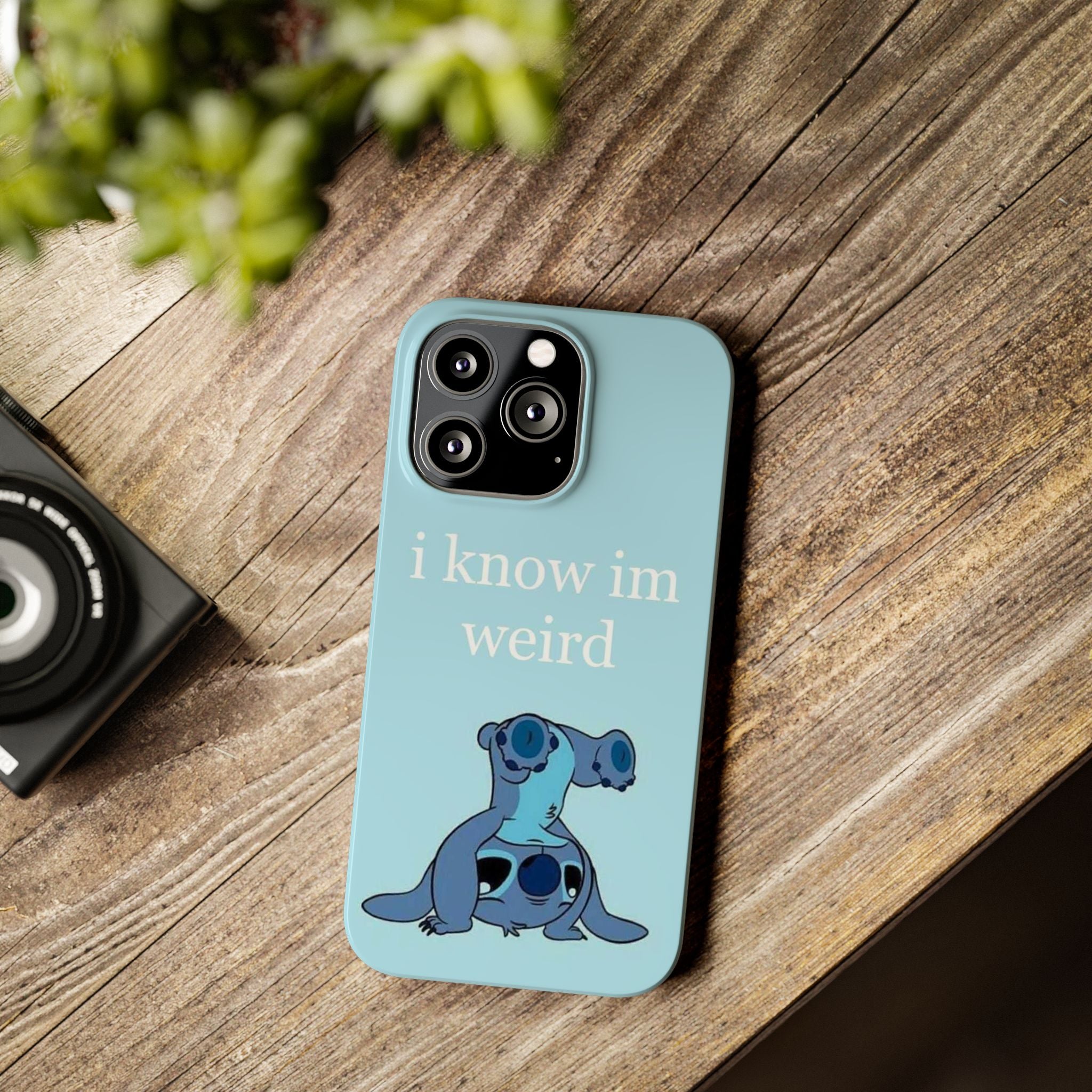 Slim Phone Case — Cute Blue Stitch Illustration with “i know im weird” Text