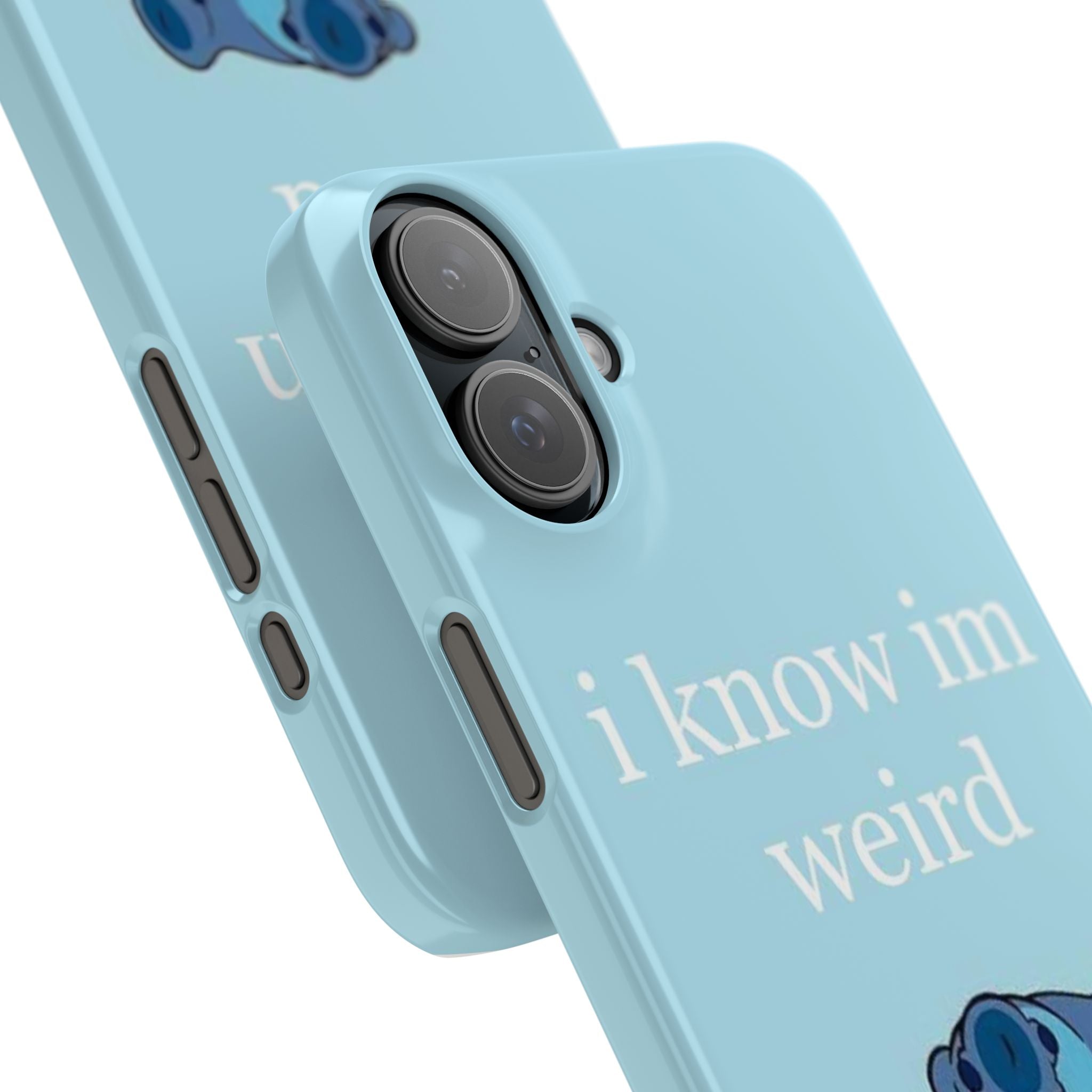 Slim Phone Case — Cute Blue Stitch Illustration with “i know im weird” Text