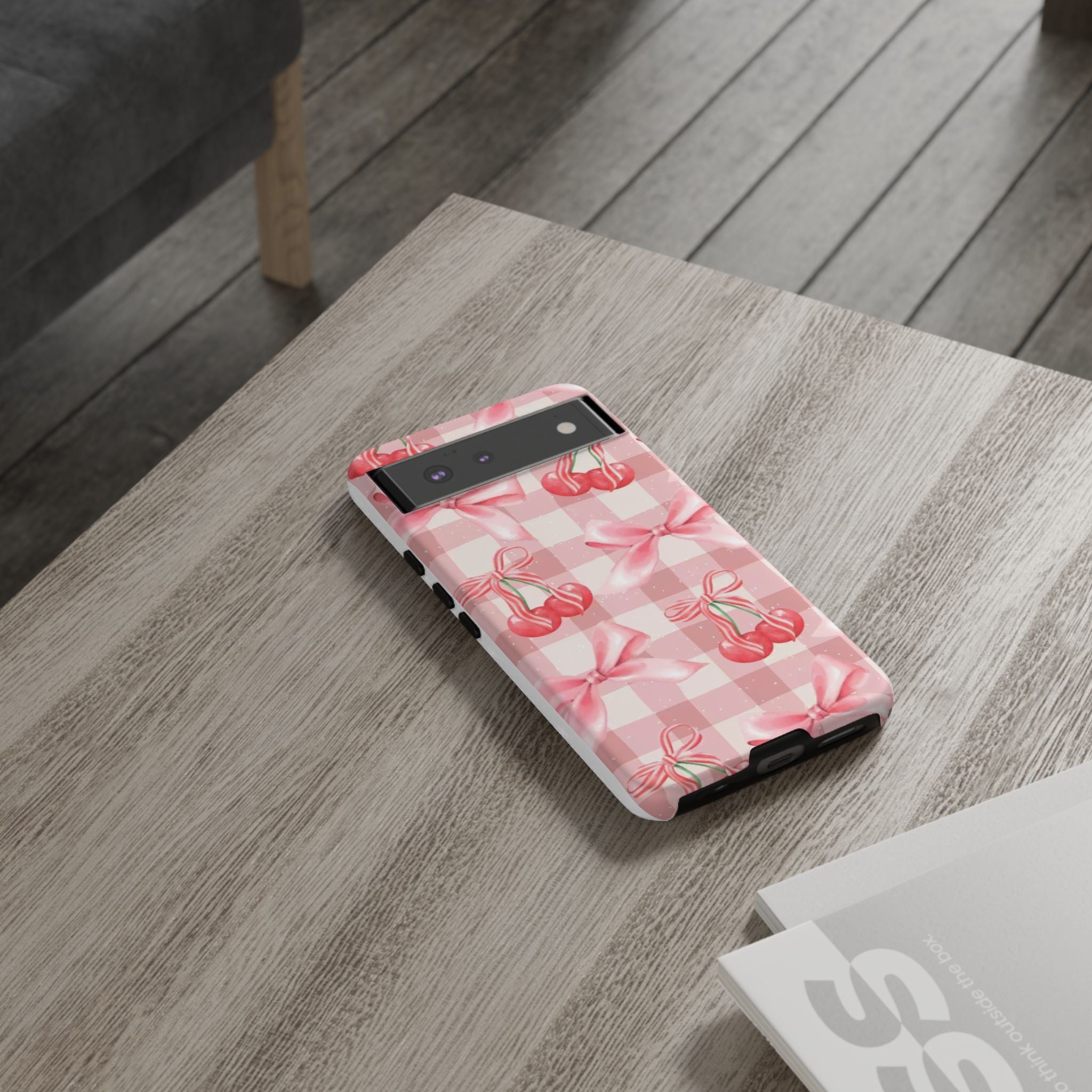 Pink Cherry Bow Phone Case — Cute Gingham Cherry Pattern