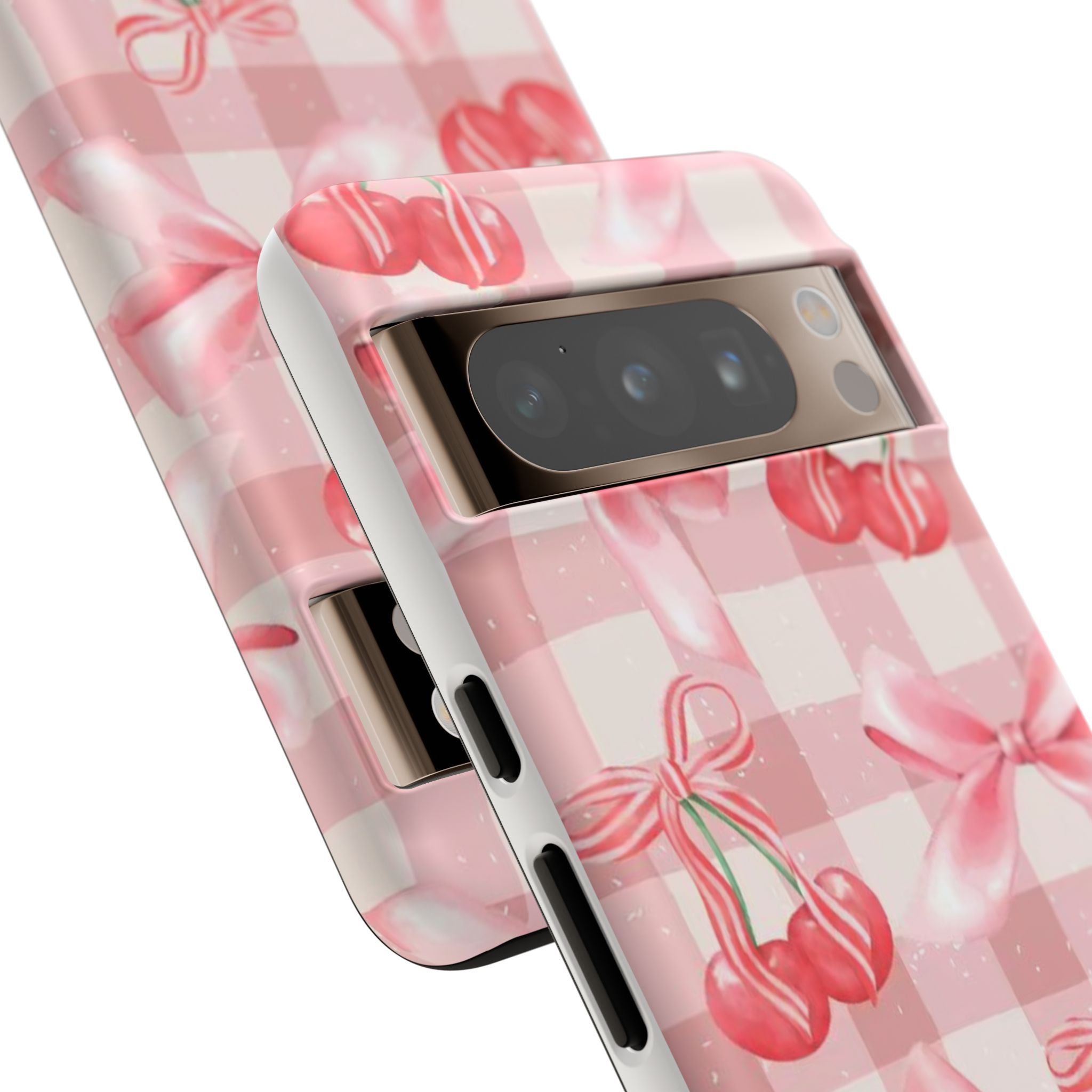 Pink Cherry Bow Phone Case — Cute Gingham Cherry Pattern