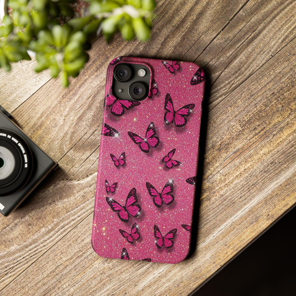 Pink Glitter Butterfly Slim Phone Case — Sparkle Galaxy Floral Phone Cover
