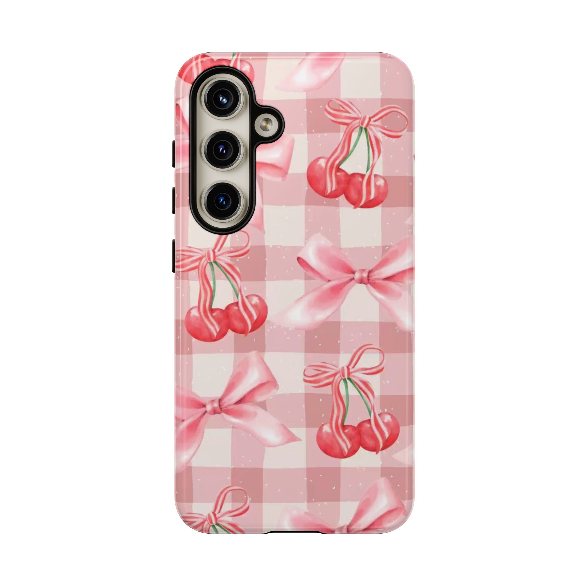 Pink Cherry Bow Phone Case — Cute Gingham Cherry Pattern