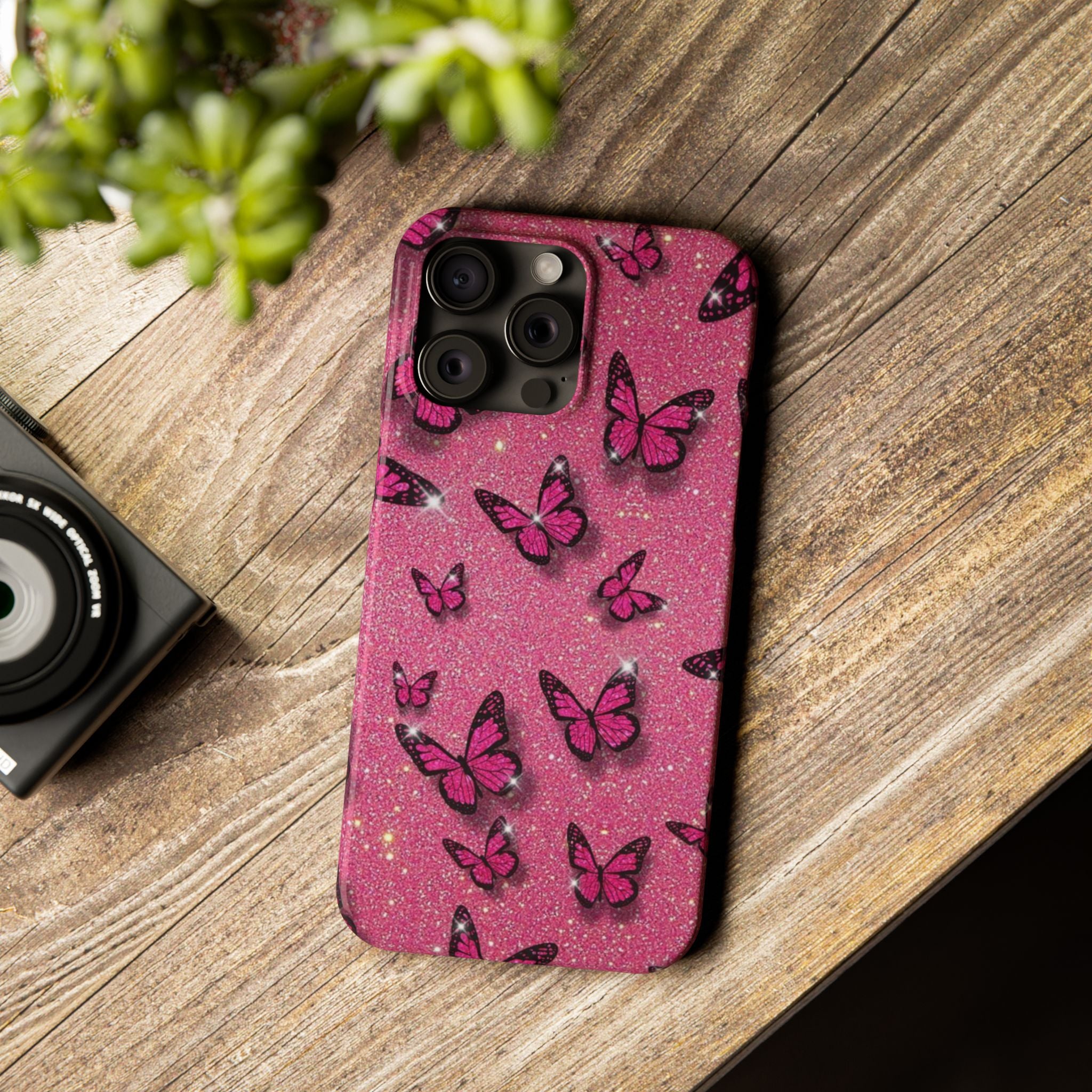 Pink Glitter Butterfly Slim Phone Case — Sparkle Galaxy Floral Phone Cover