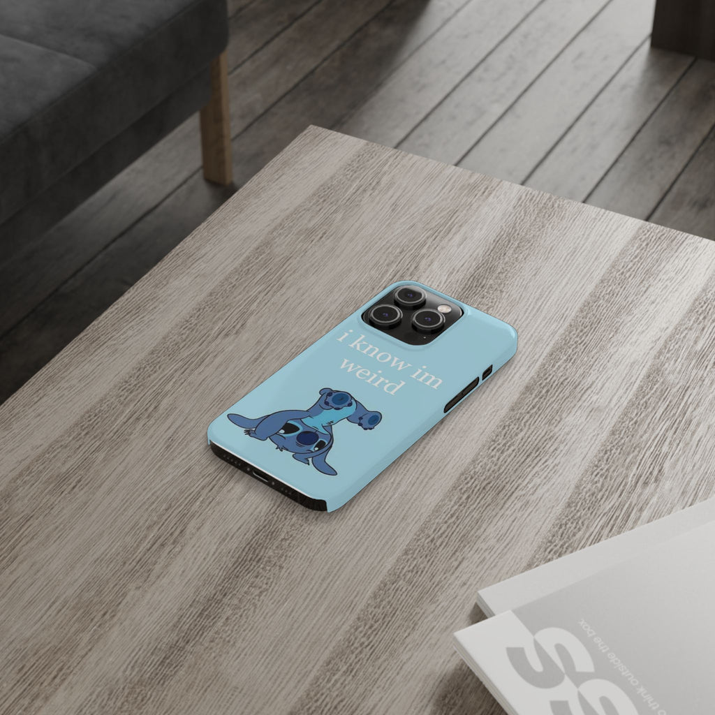 Slim Phone Case — Cute Blue Stitch Illustration with “i know im weird” Text