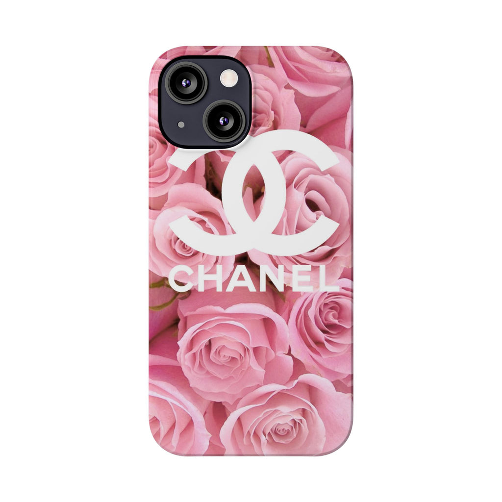 Slim Phone Case — Pink Rose Floral Design with Luxury Logo