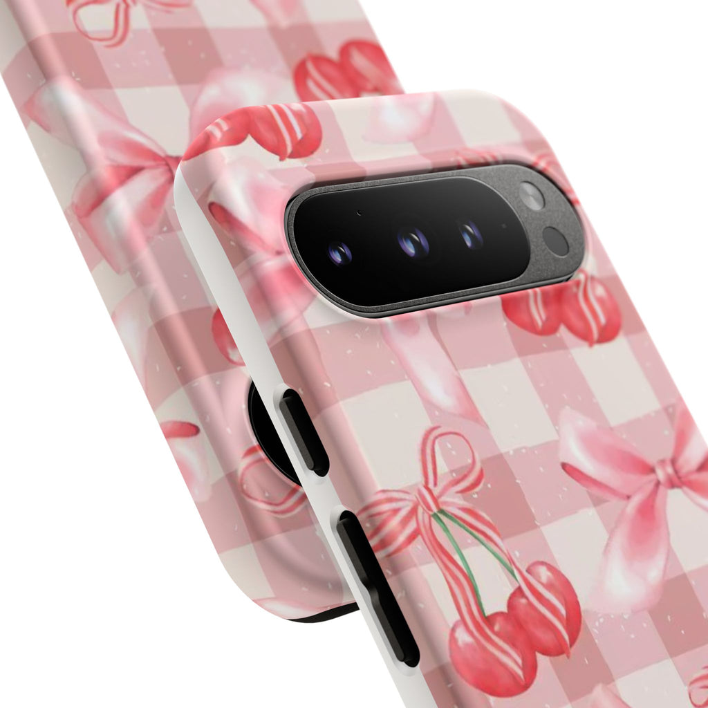 Pink Cherry Bow Phone Case — Cute Gingham Cherry Pattern