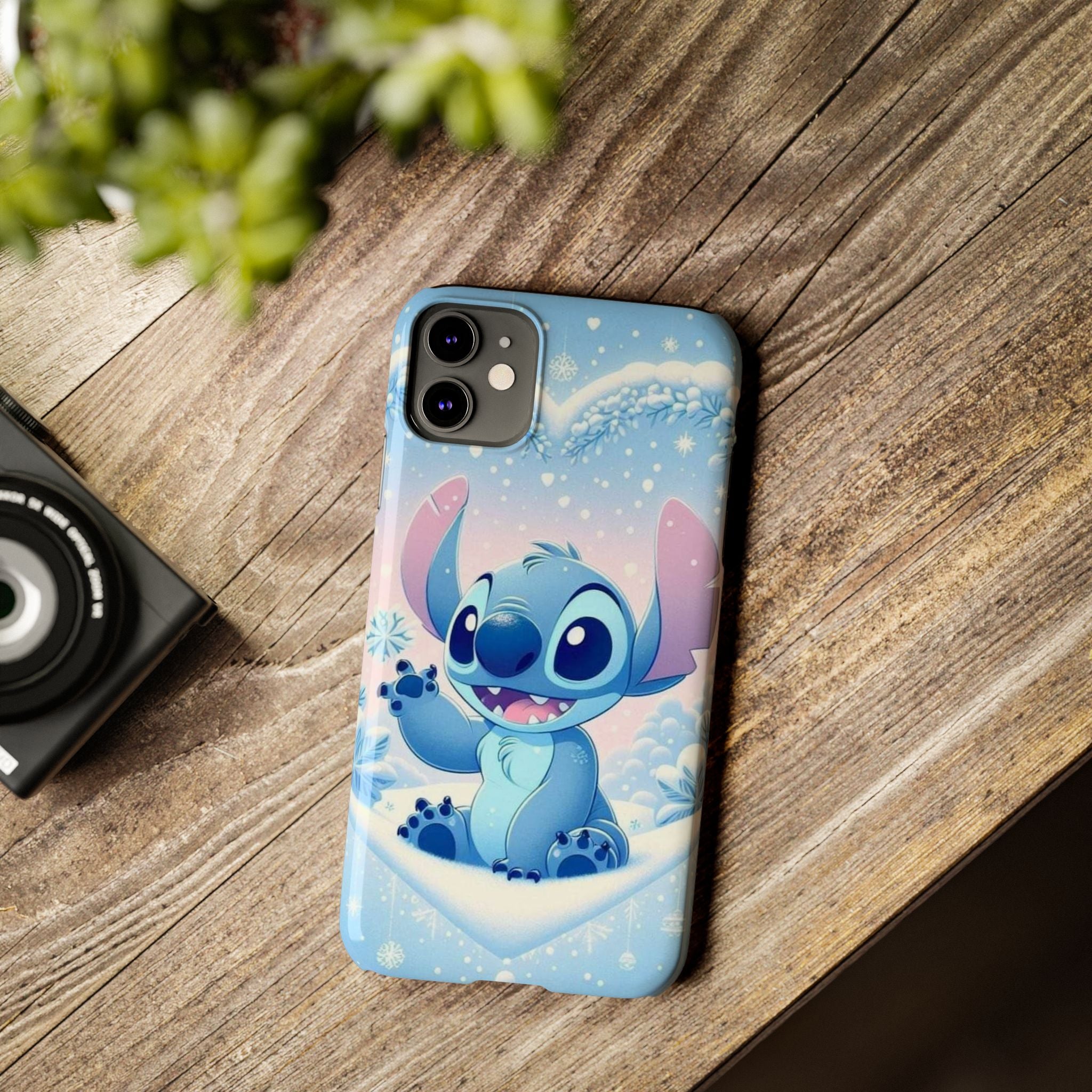 Cute Blue Alien Character Slim Phone Case | Snow Heart Pattern