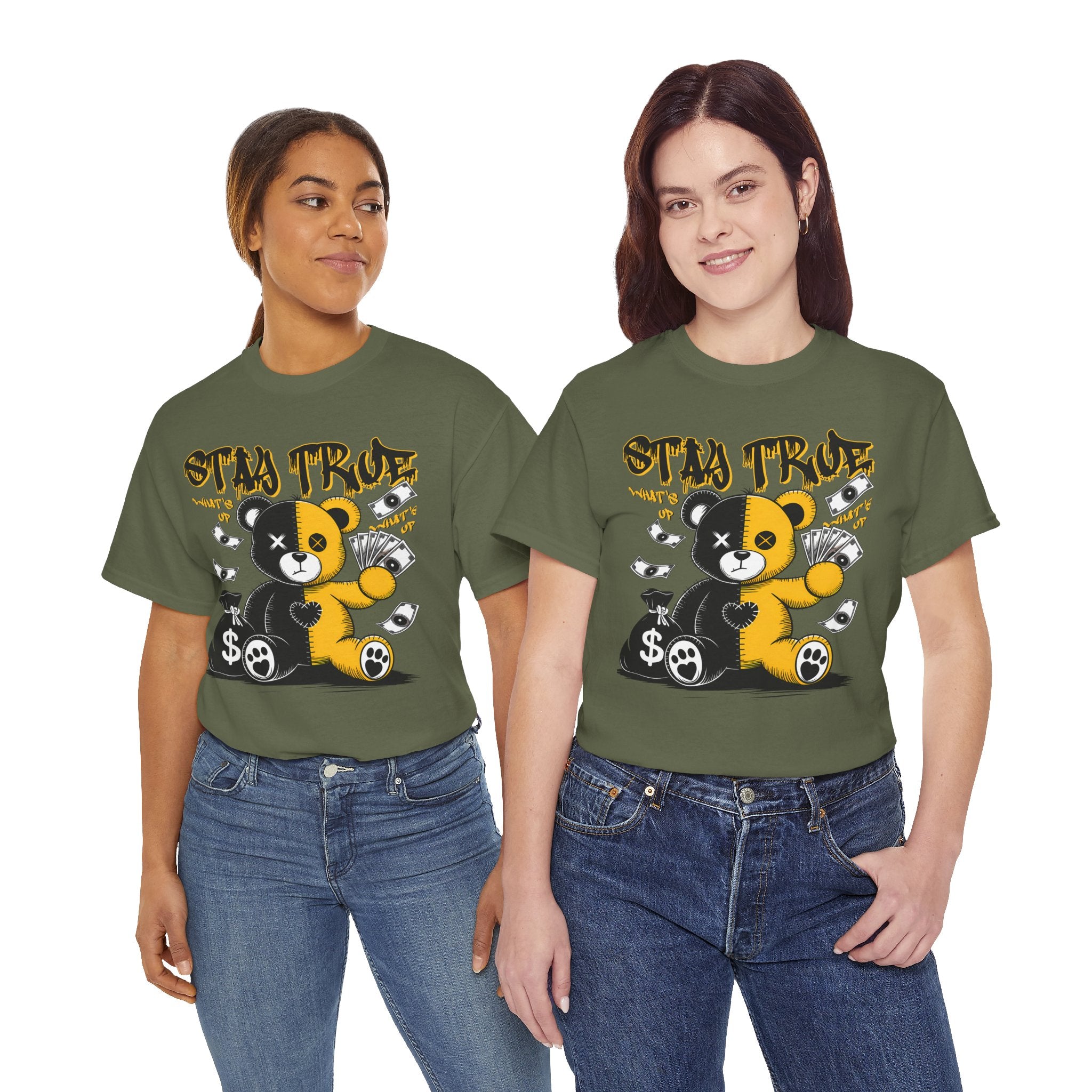 Stay True Bear Graphic Tee — Cute Black & Yellow Money Bear Shirt