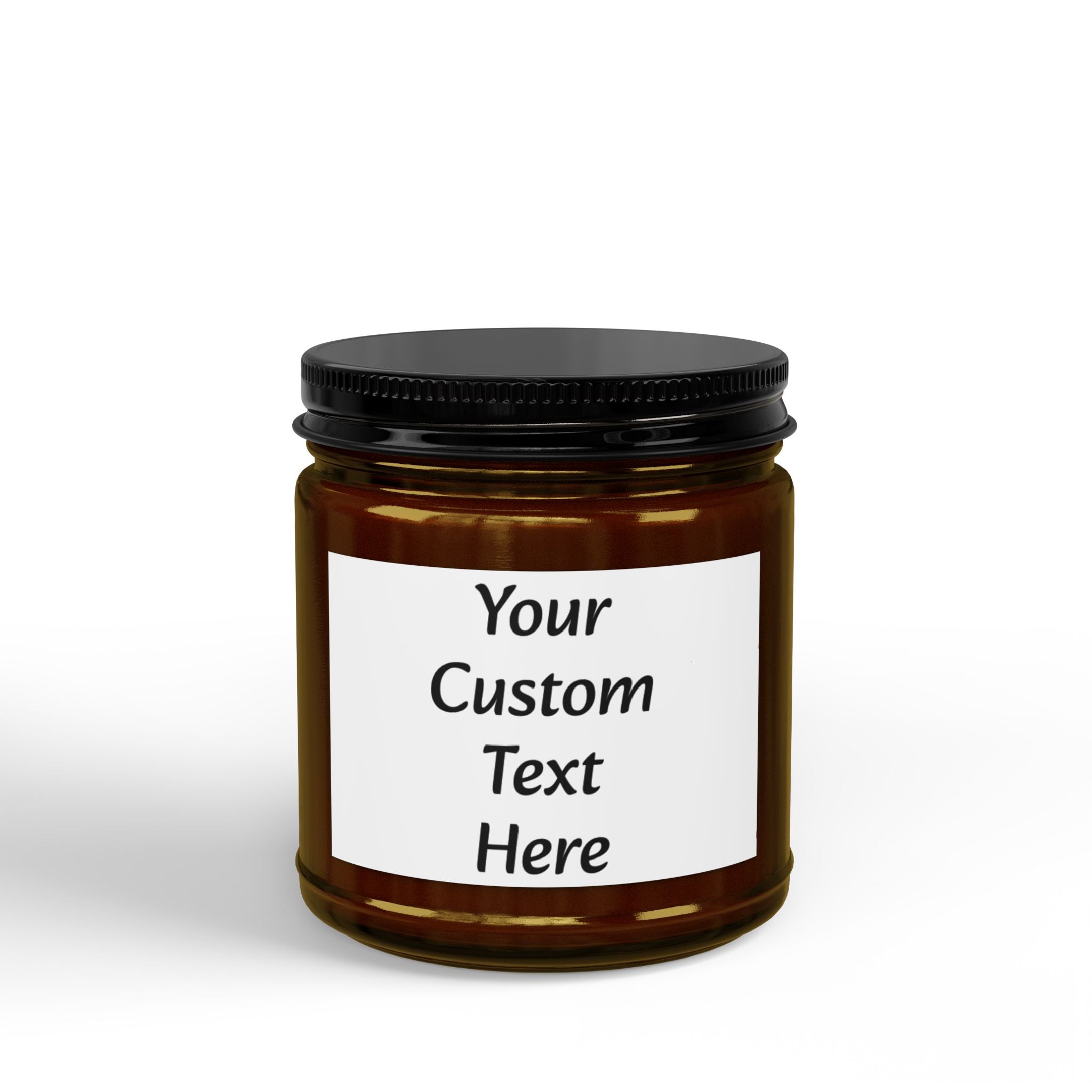Custom Text Amber Jar Soy Candle 4oz 9oz | Black Lid, Personalized Label