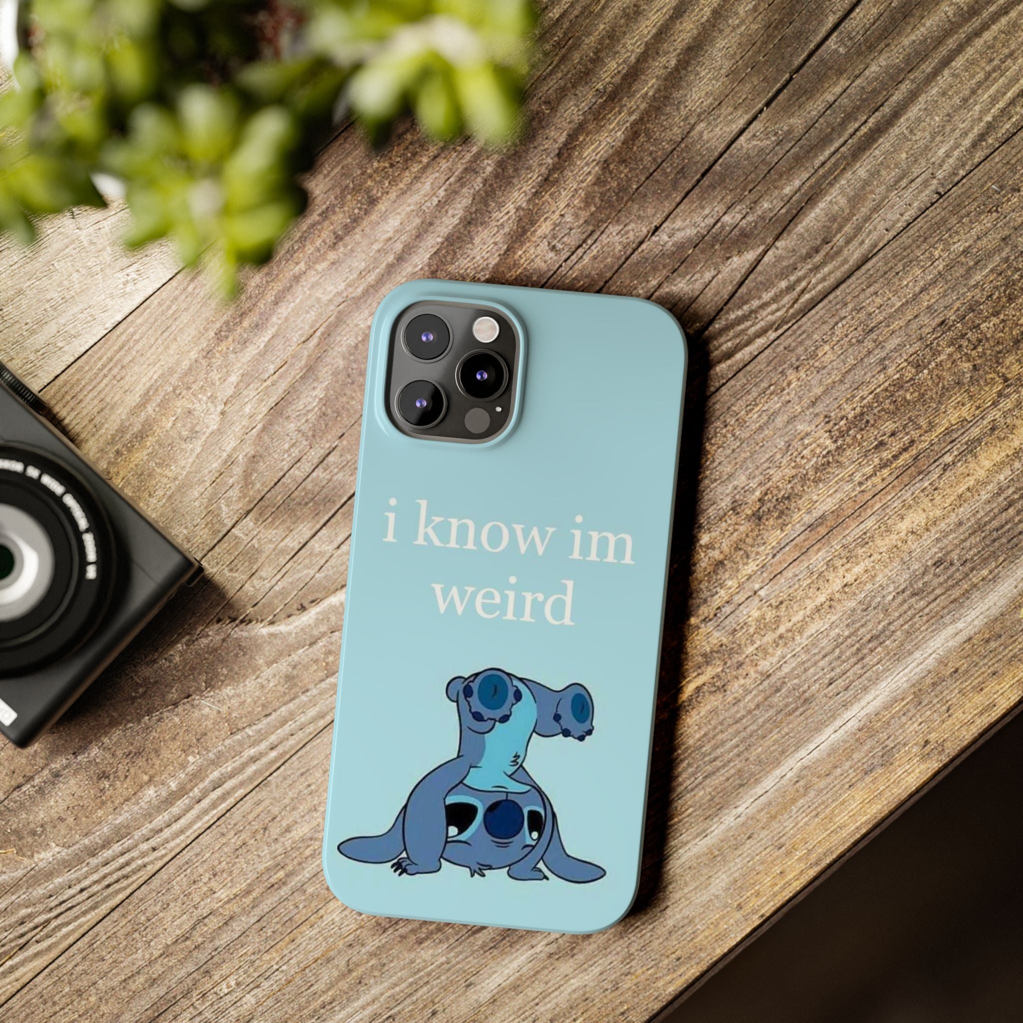Slim Phone Case — Cute Blue Stitch Illustration with “i know im weird” Text