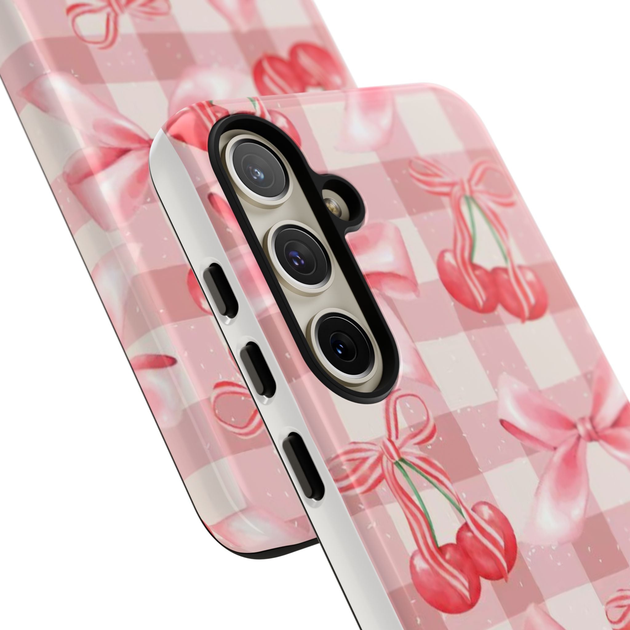 Pink Cherry Bow Phone Case — Cute Gingham Cherry Pattern