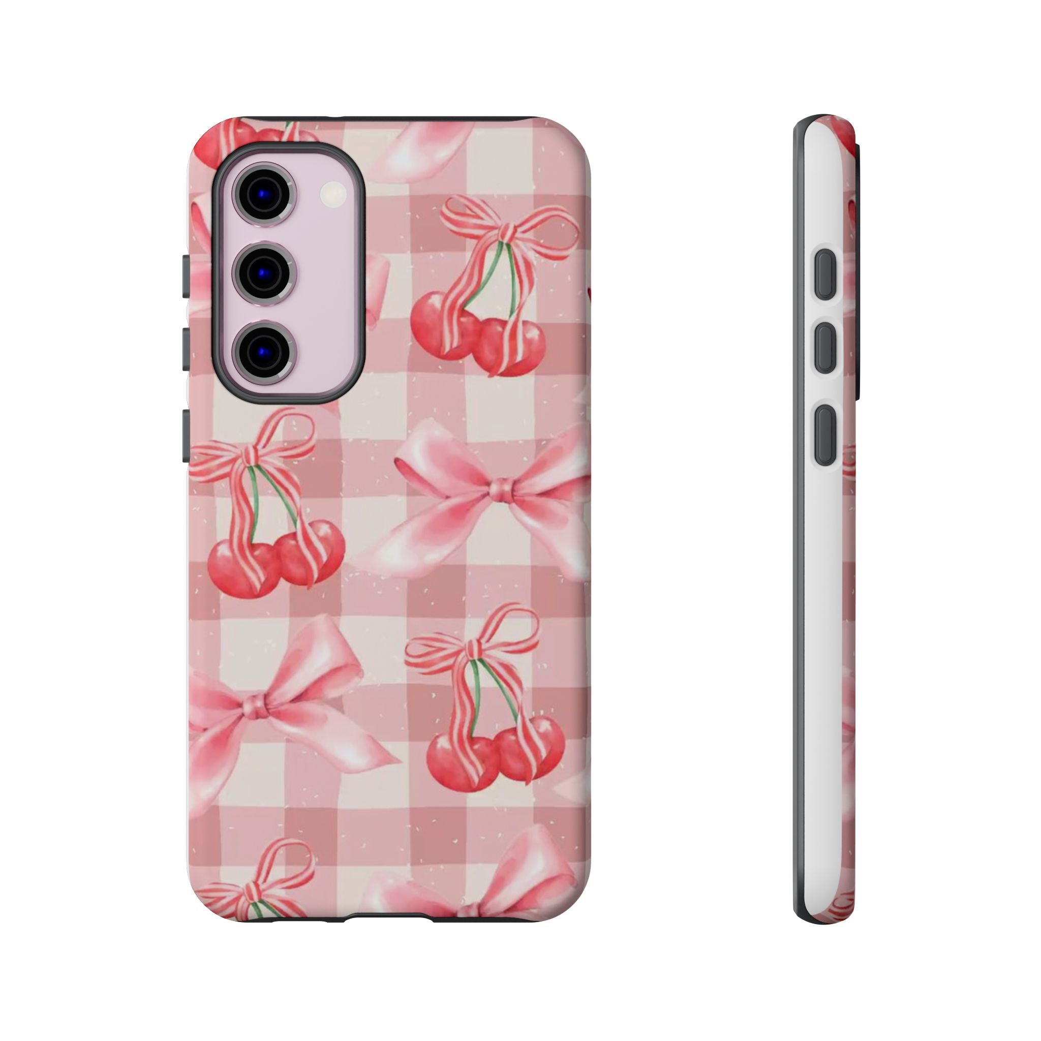 Pink Cherry Bow Phone Case — Cute Gingham Cherry Pattern