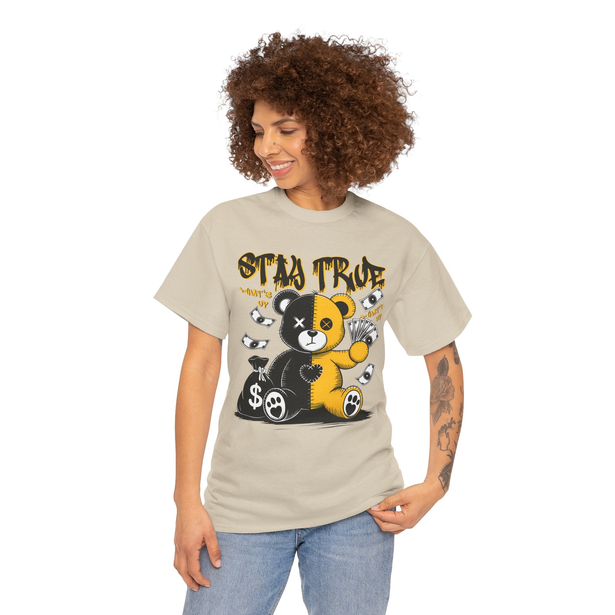 Stay True Bear Graphic Tee — Cute Black & Yellow Money Bear Shirt