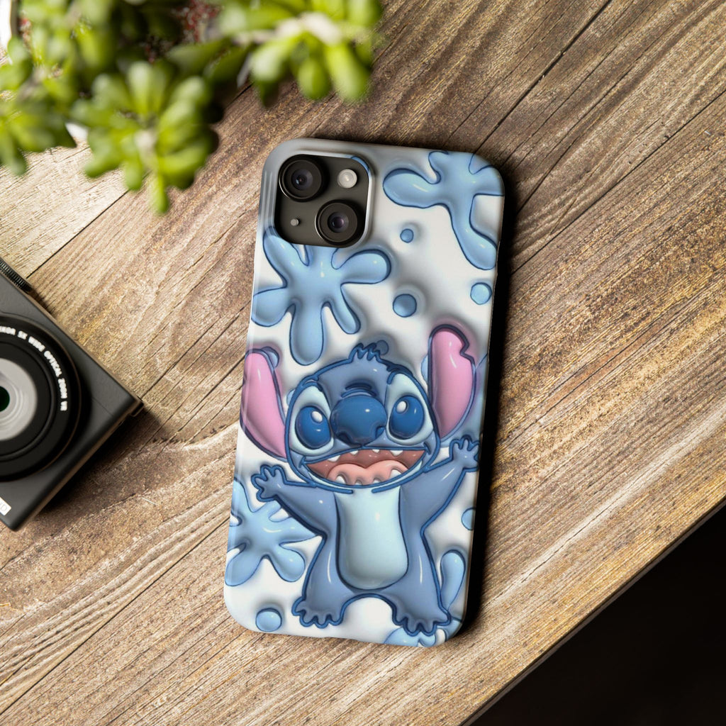 Cute Stitch Slim Phone Case – Blue Splash Cartoon Phone Cover