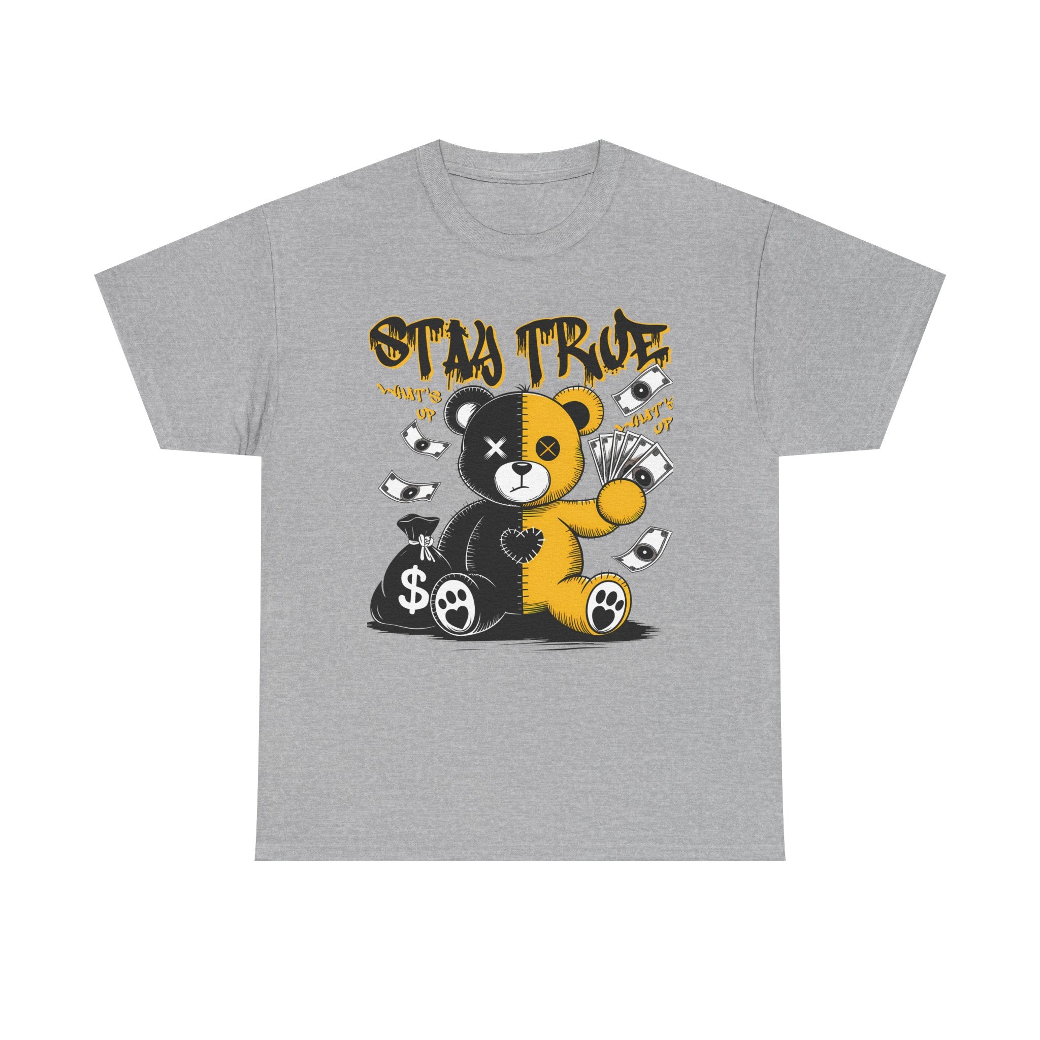 Stay True Bear Graphic Tee — Cute Black & Yellow Money Bear Shirt