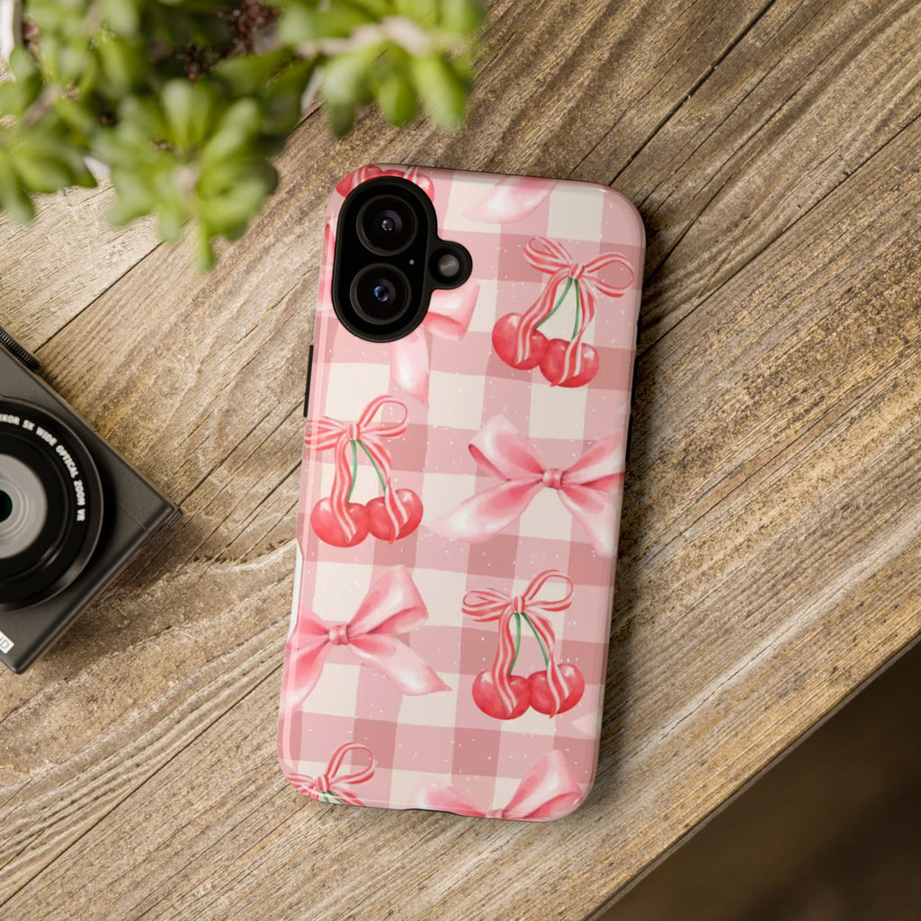 Pink Cherry Bow Phone Case — Cute Gingham Cherry Pattern
