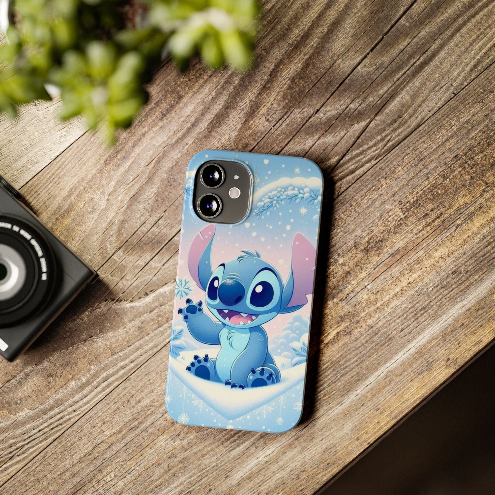 Cute Blue Alien Character Slim Phone Case | Snow Heart Pattern