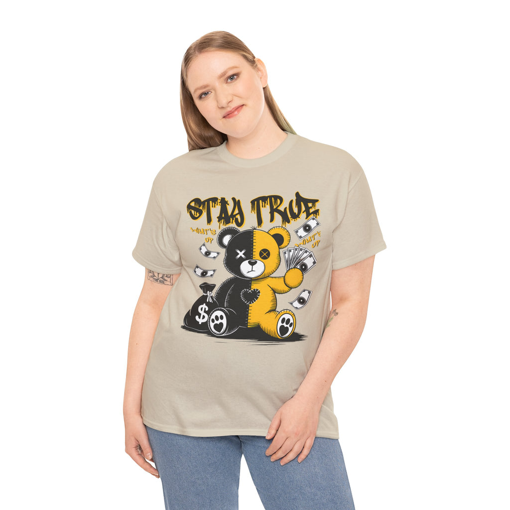 Stay True Bear Graphic Tee — Cute Black & Yellow Money Bear Shirt