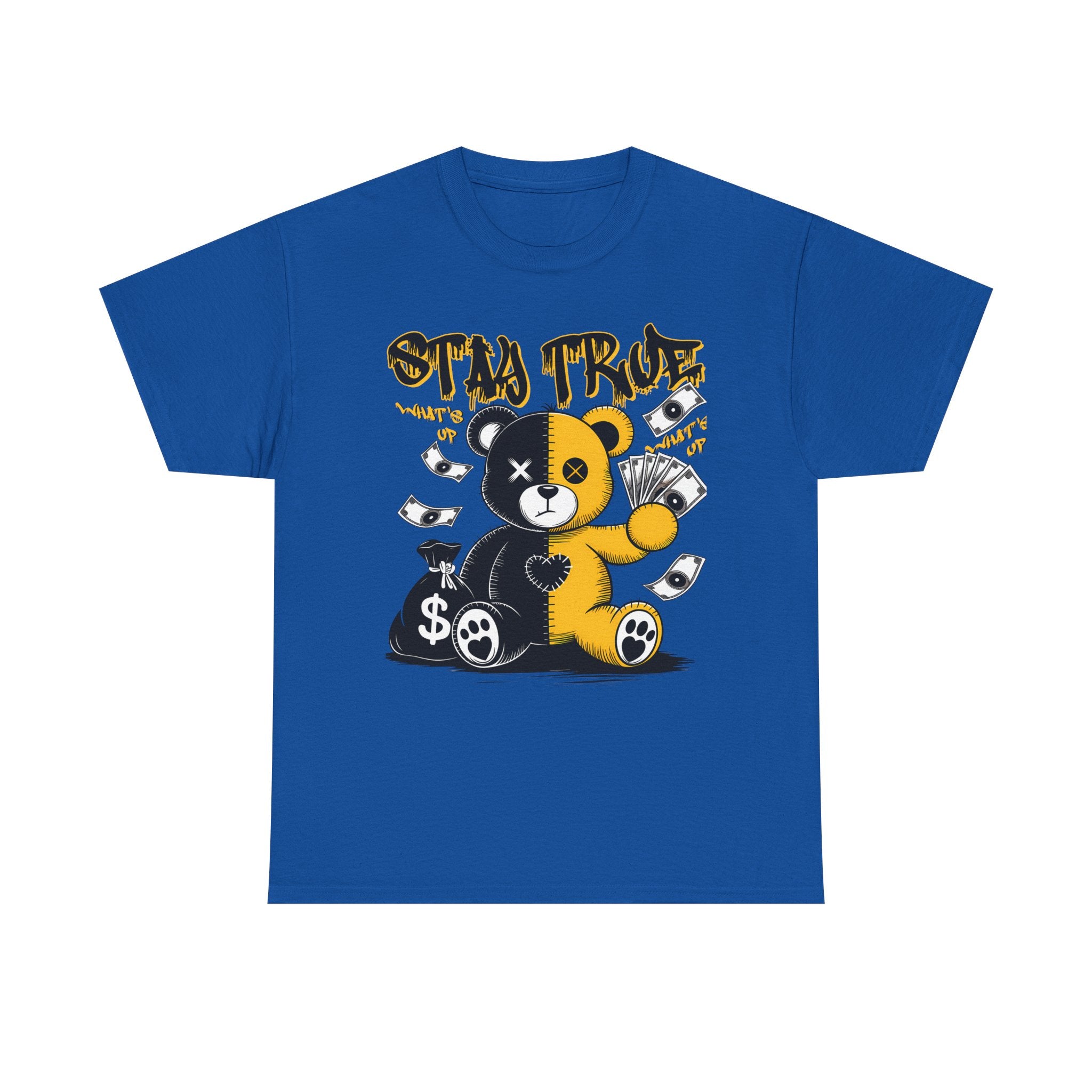 Stay True Bear Graphic Tee — Cute Black & Yellow Money Bear Shirt