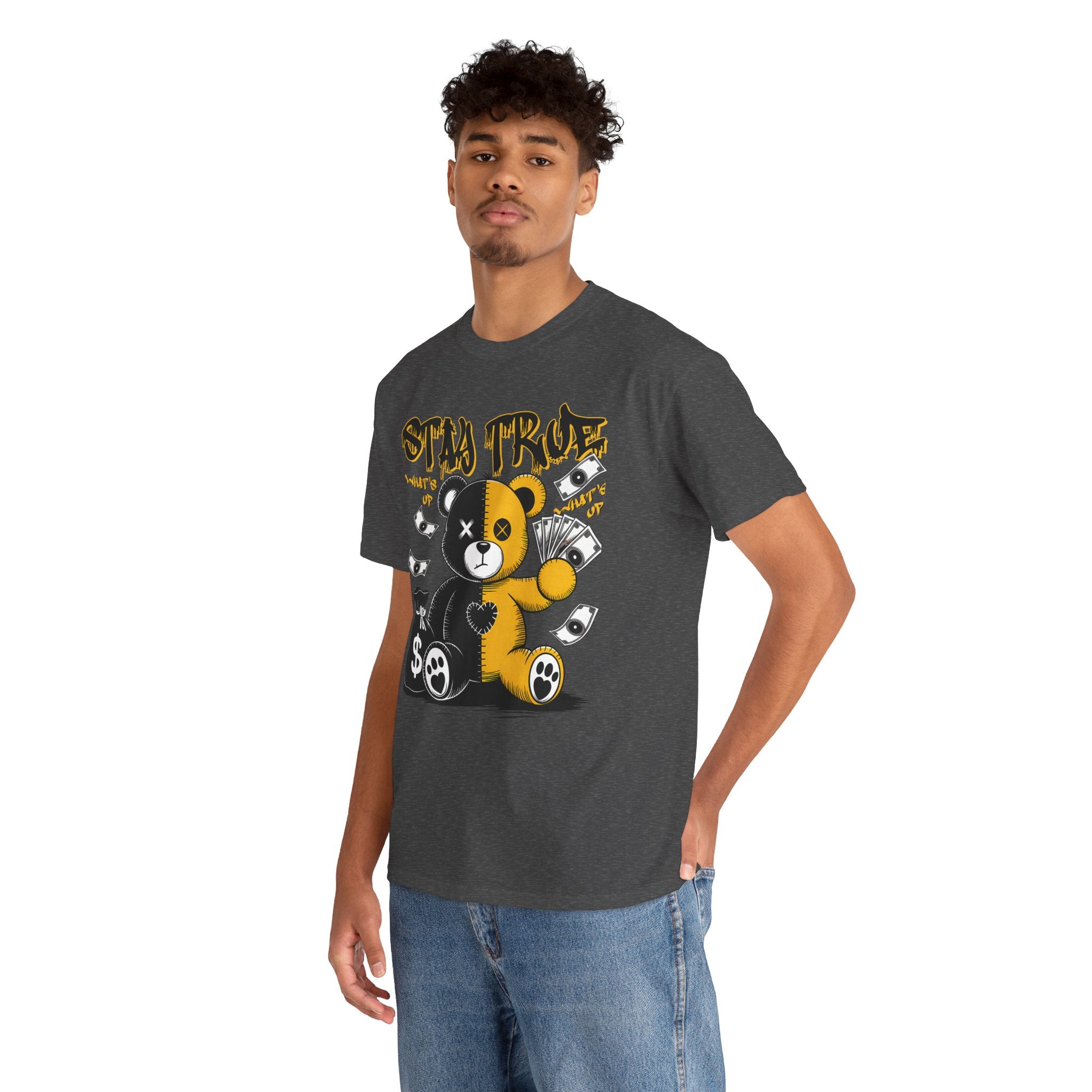 Stay True Bear Graphic Tee — Cute Black & Yellow Money Bear Shirt
