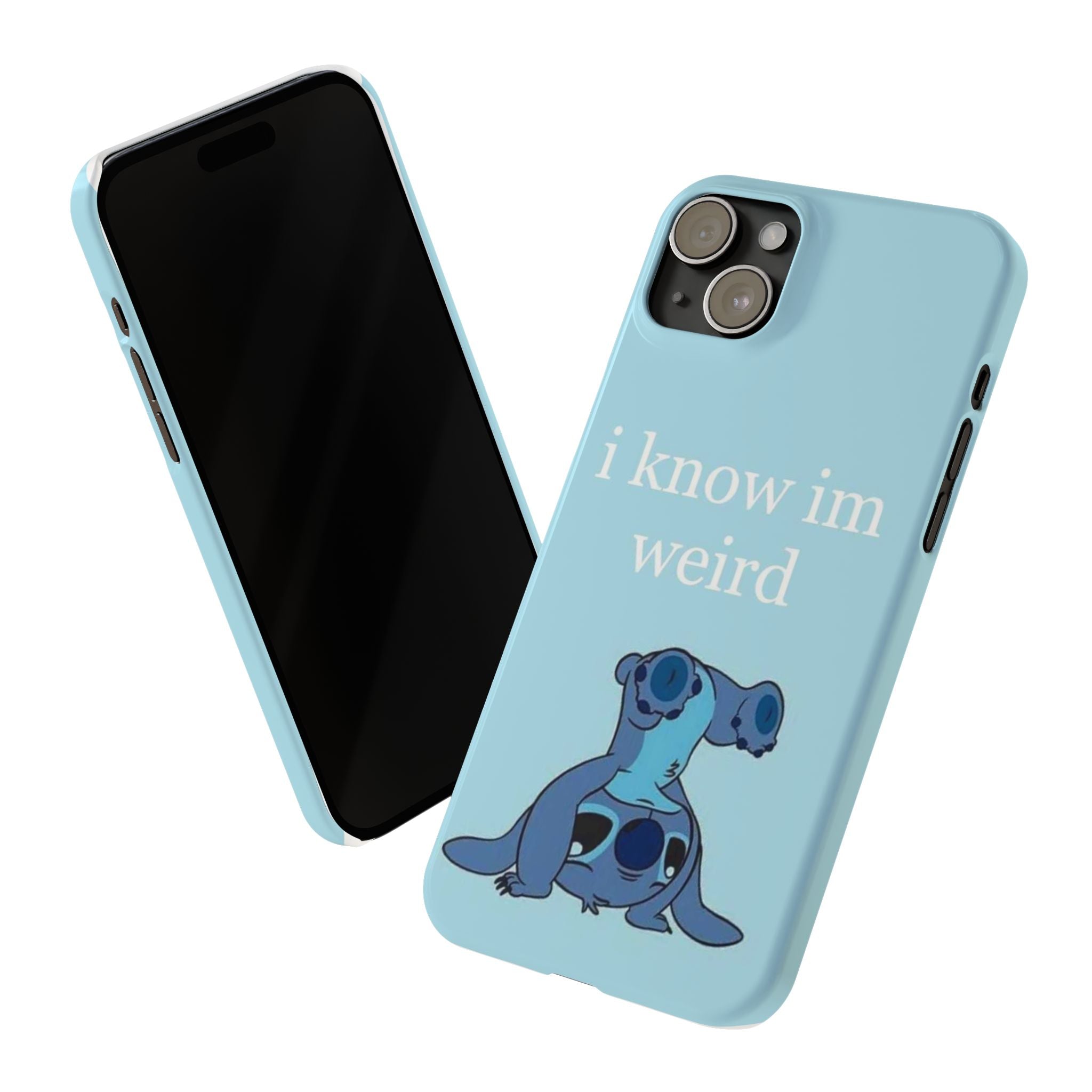 Slim Phone Case — Cute Blue Stitch Illustration with “i know im weird” Text