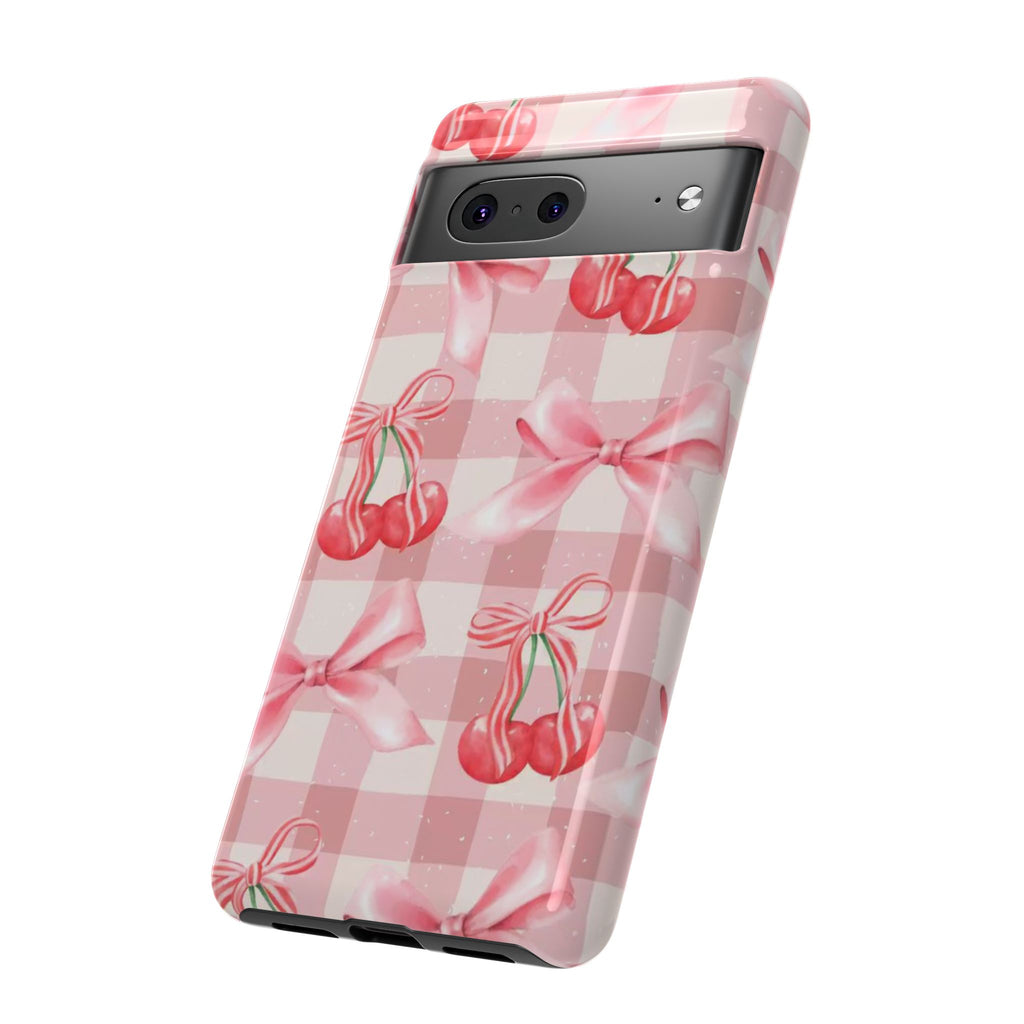 Pink Cherry Bow Phone Case — Cute Gingham Cherry Pattern