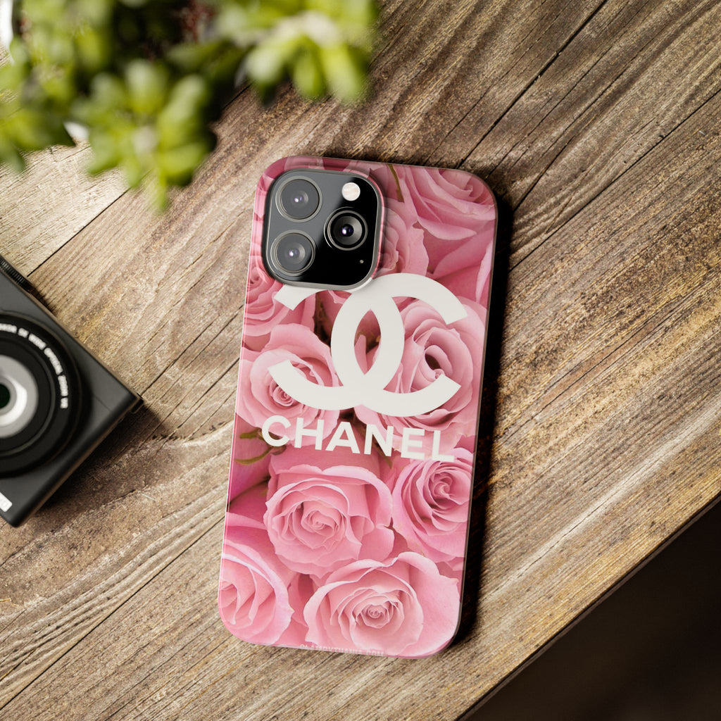 Slim Phone Case — Pink Rose Floral Design with Luxury Logo