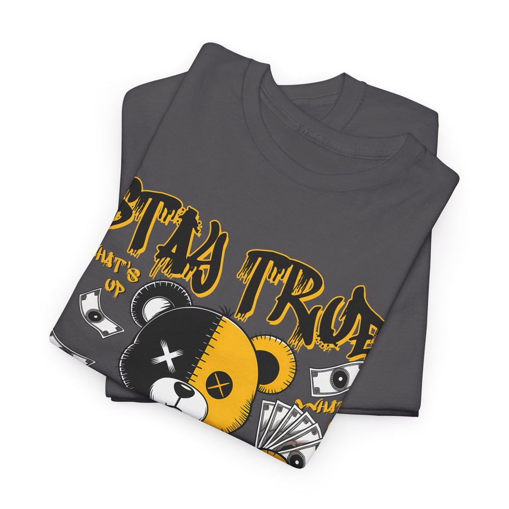 Stay True Bear Graphic Tee — Cute Black & Yellow Money Bear Shirt
