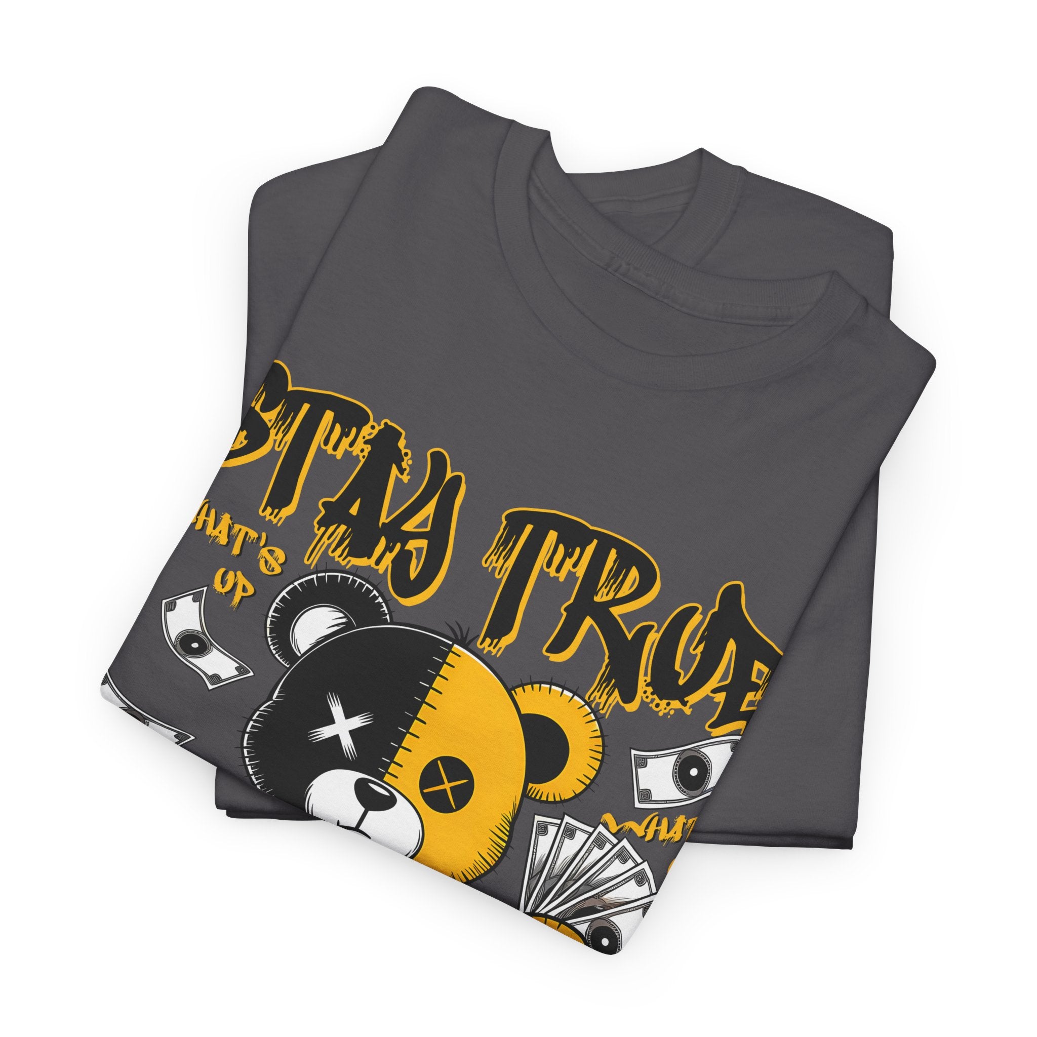Stay True Bear Graphic Tee — Cute Black & Yellow Money Bear Shirt