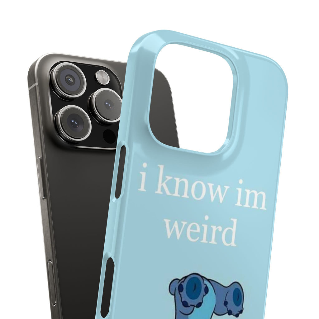 Slim Phone Case — Cute Blue Stitch Illustration with “i know im weird” Text
