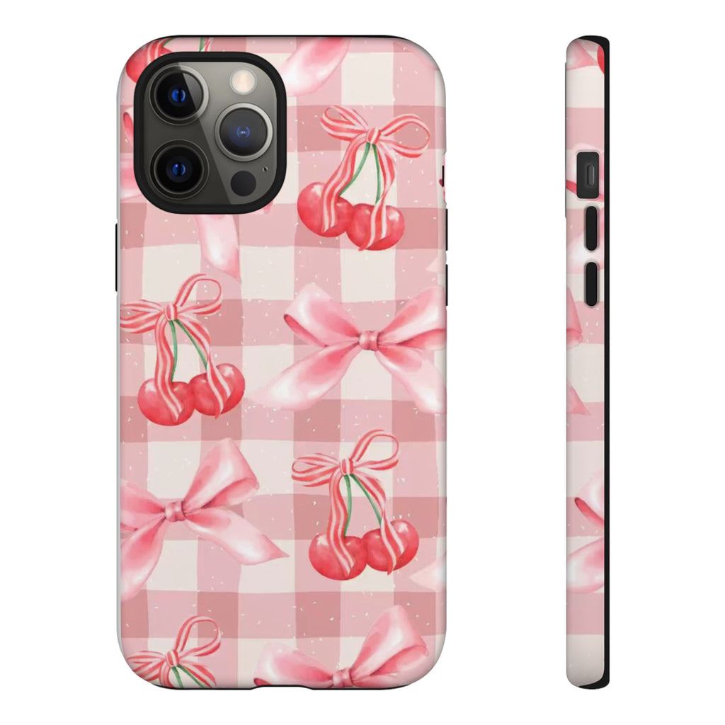 Pink Cherry Bow Phone Case — Cute Gingham Cherry Pattern