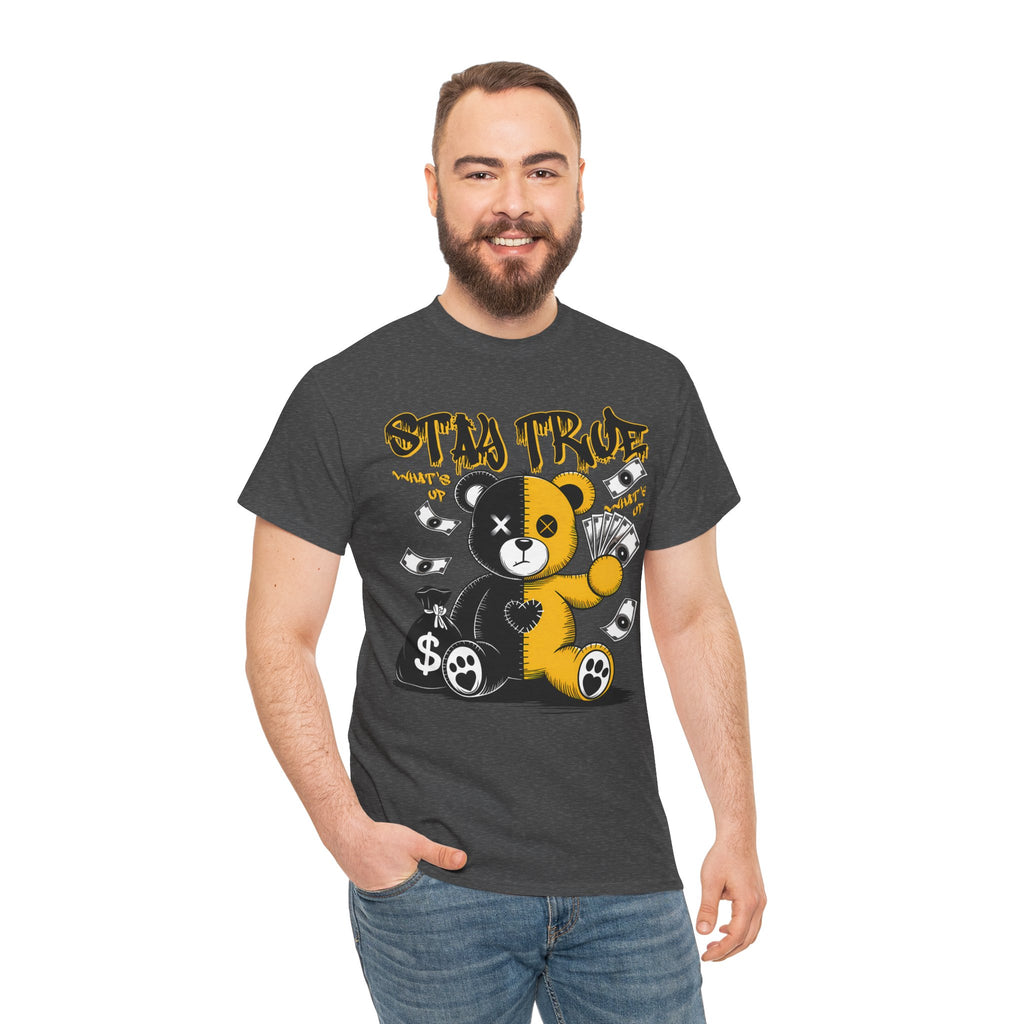 Stay True Bear Graphic Tee — Cute Black & Yellow Money Bear Shirt