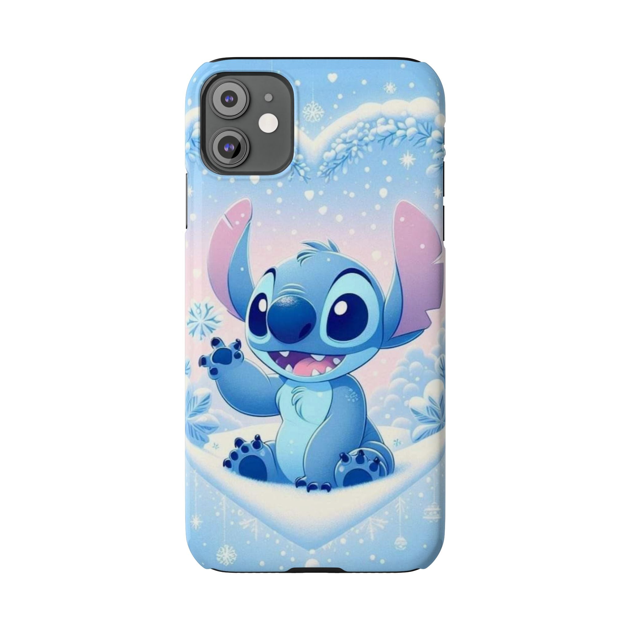 Cute Blue Alien Character Slim Phone Case | Snow Heart Pattern