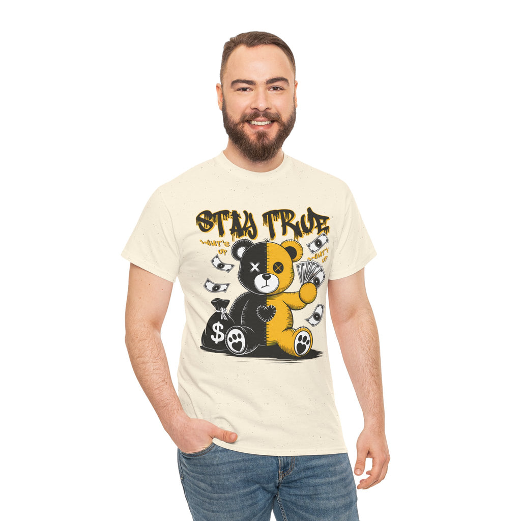 Stay True Bear Graphic Tee — Cute Black & Yellow Money Bear Shirt