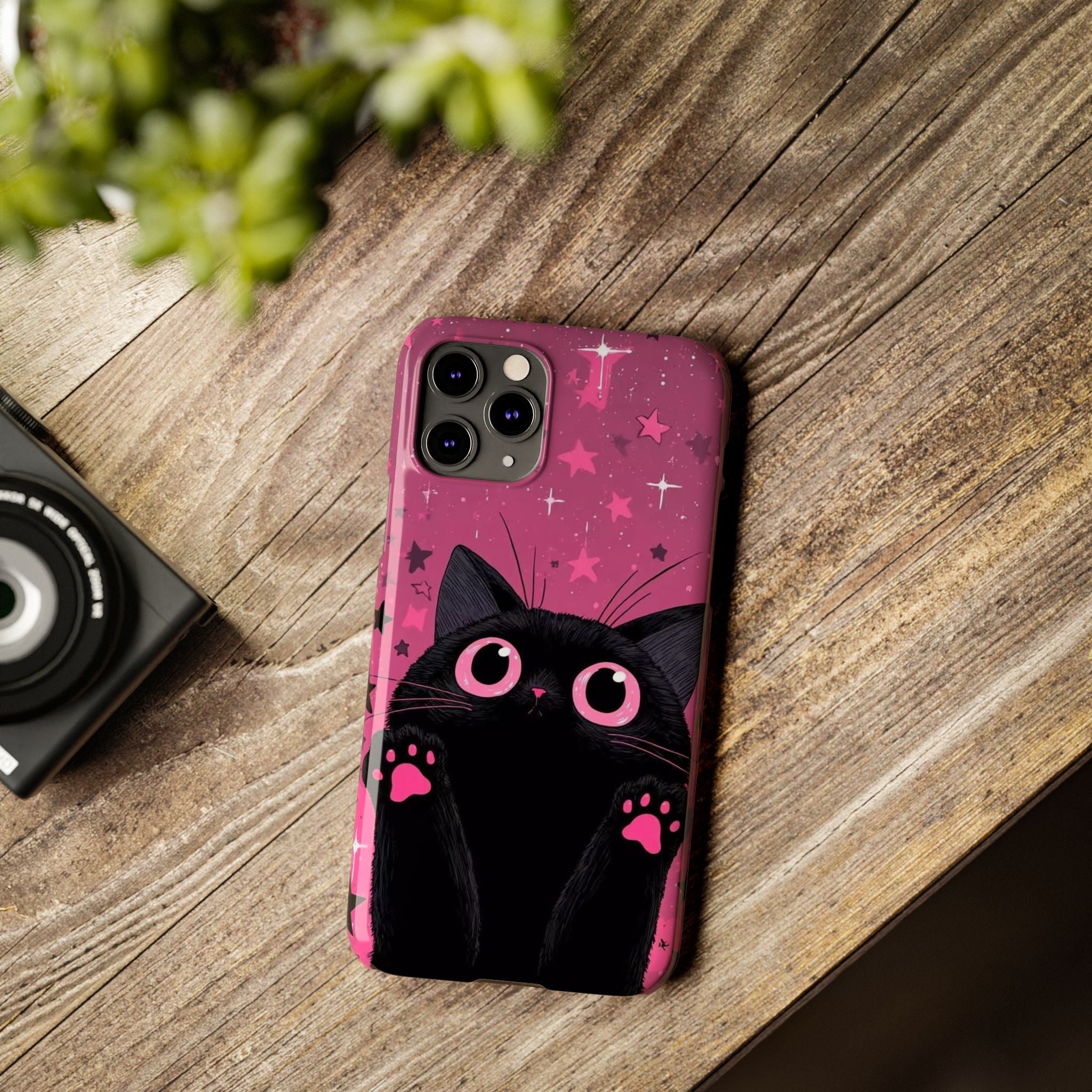 Cute Black Cat with Pink Paws Slim Phone Case | Starry Background