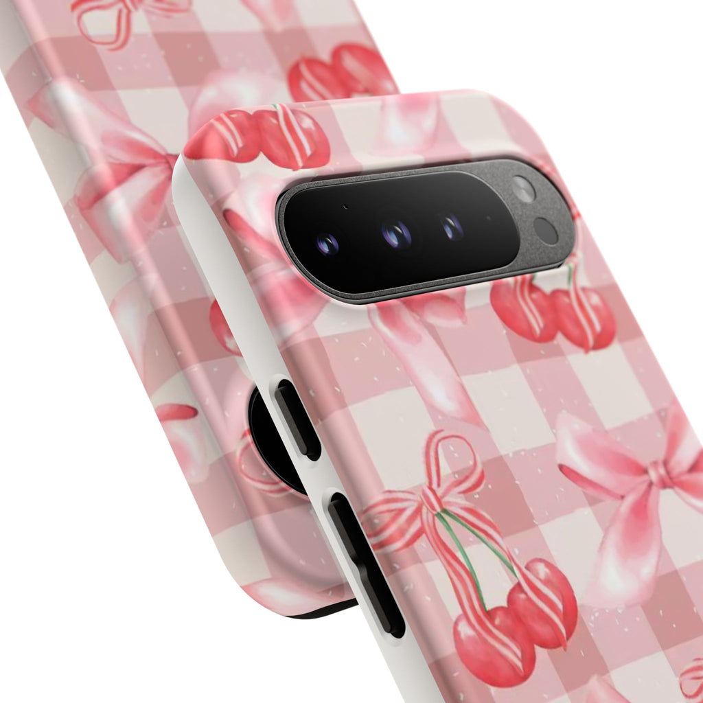 Pink Cherry Bow Phone Case — Cute Gingham Cherry Pattern