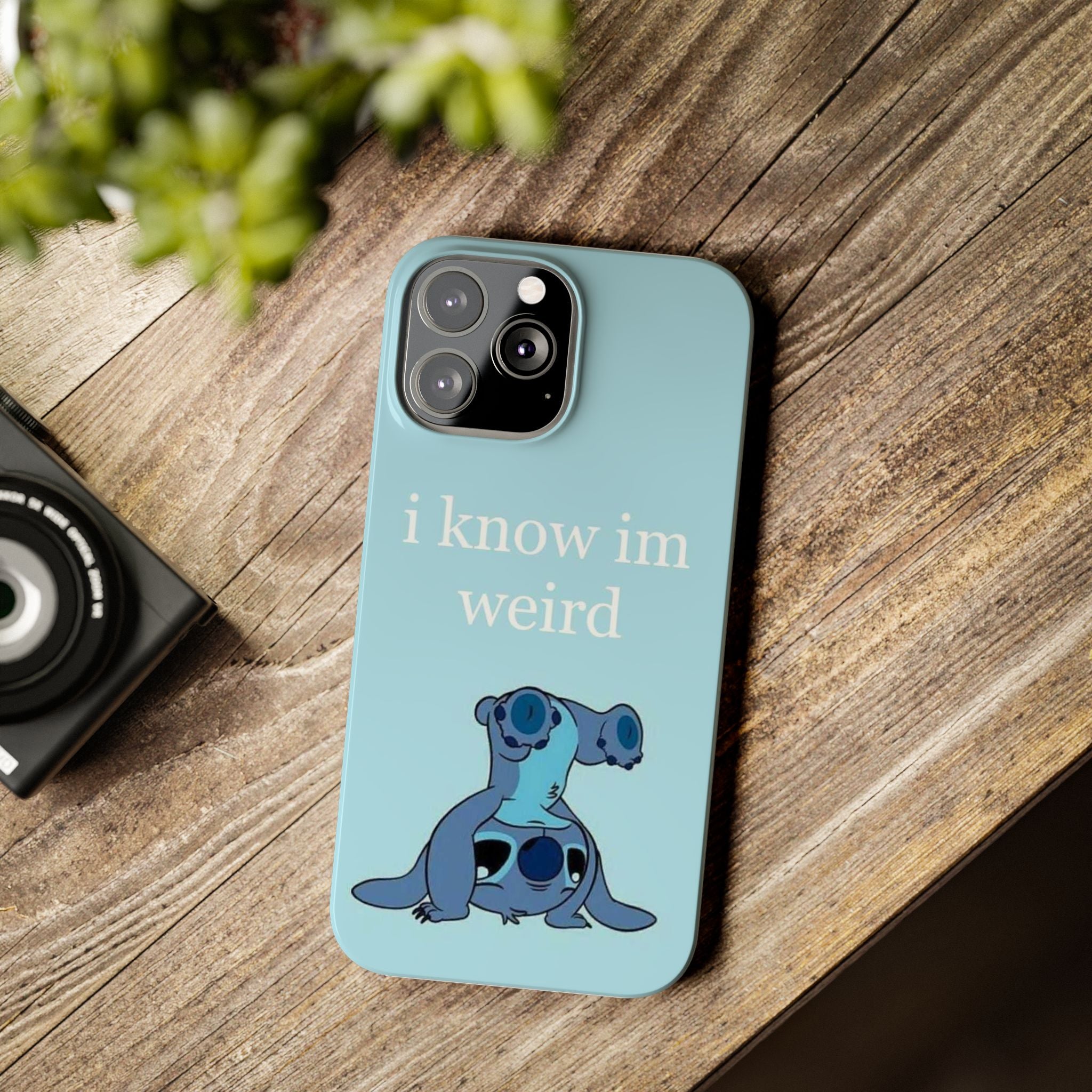 Slim Phone Case — Cute Blue Stitch Illustration with “i know im weird” Text