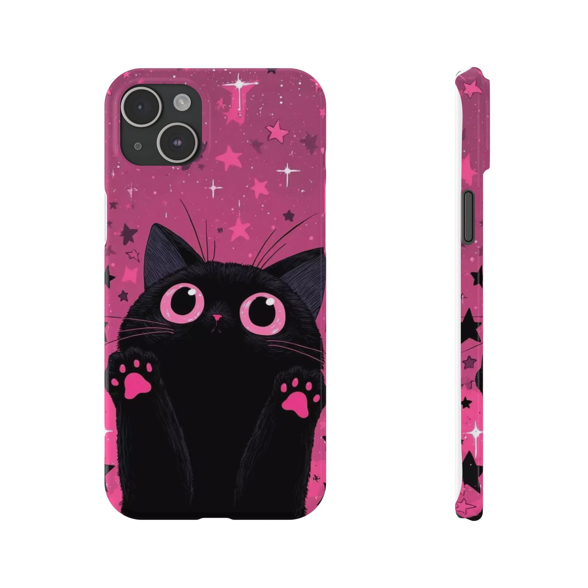 Cute Black Cat with Pink Paws Slim Phone Case | Starry Background