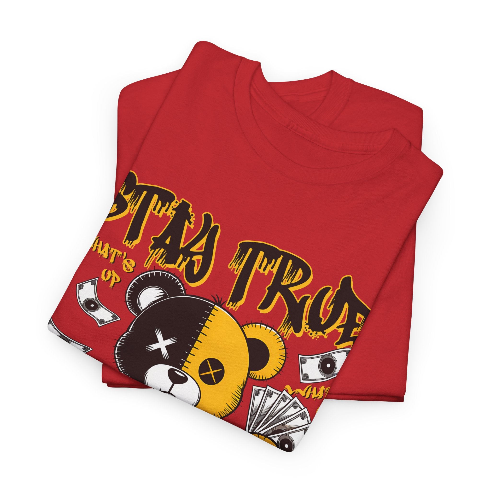 Stay True Bear Graphic Tee — Cute Black & Yellow Money Bear Shirt