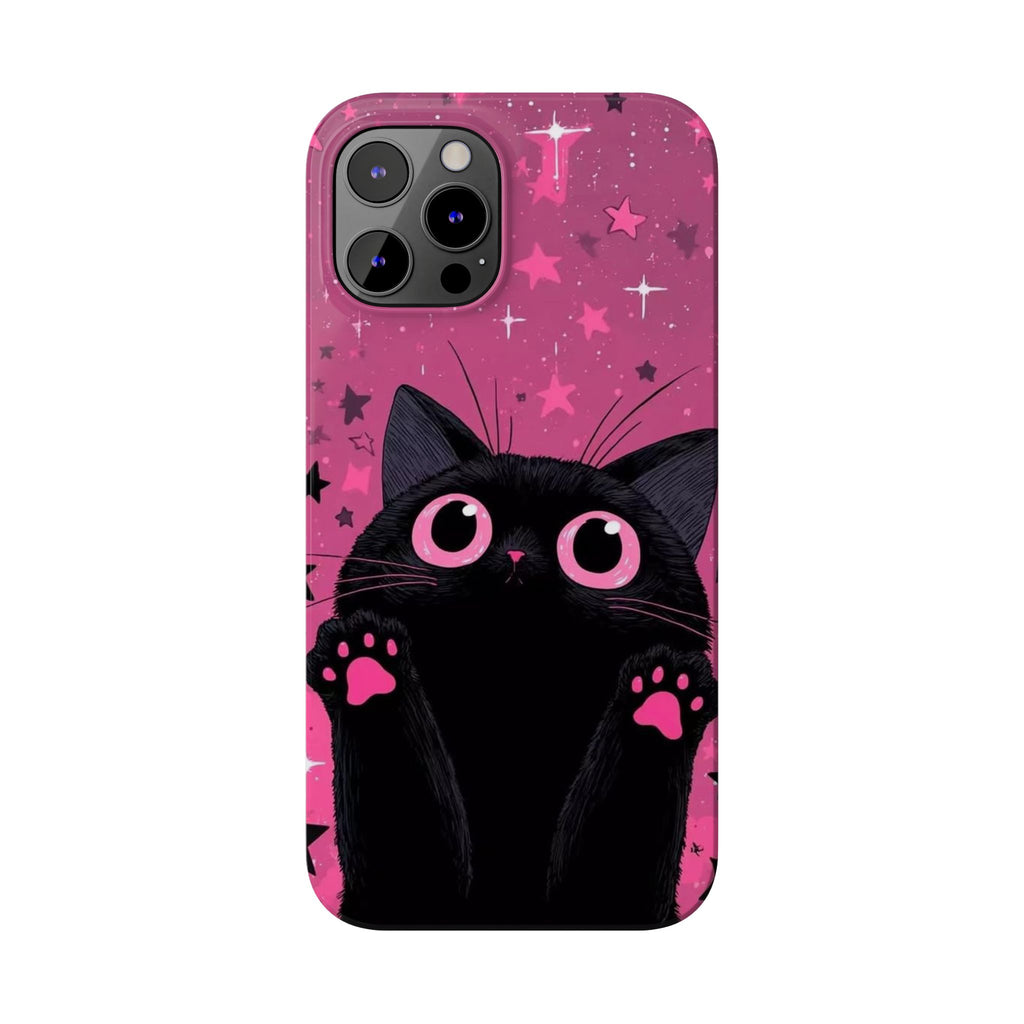 Cute Black Cat with Pink Paws Slim Phone Case | Starry Background