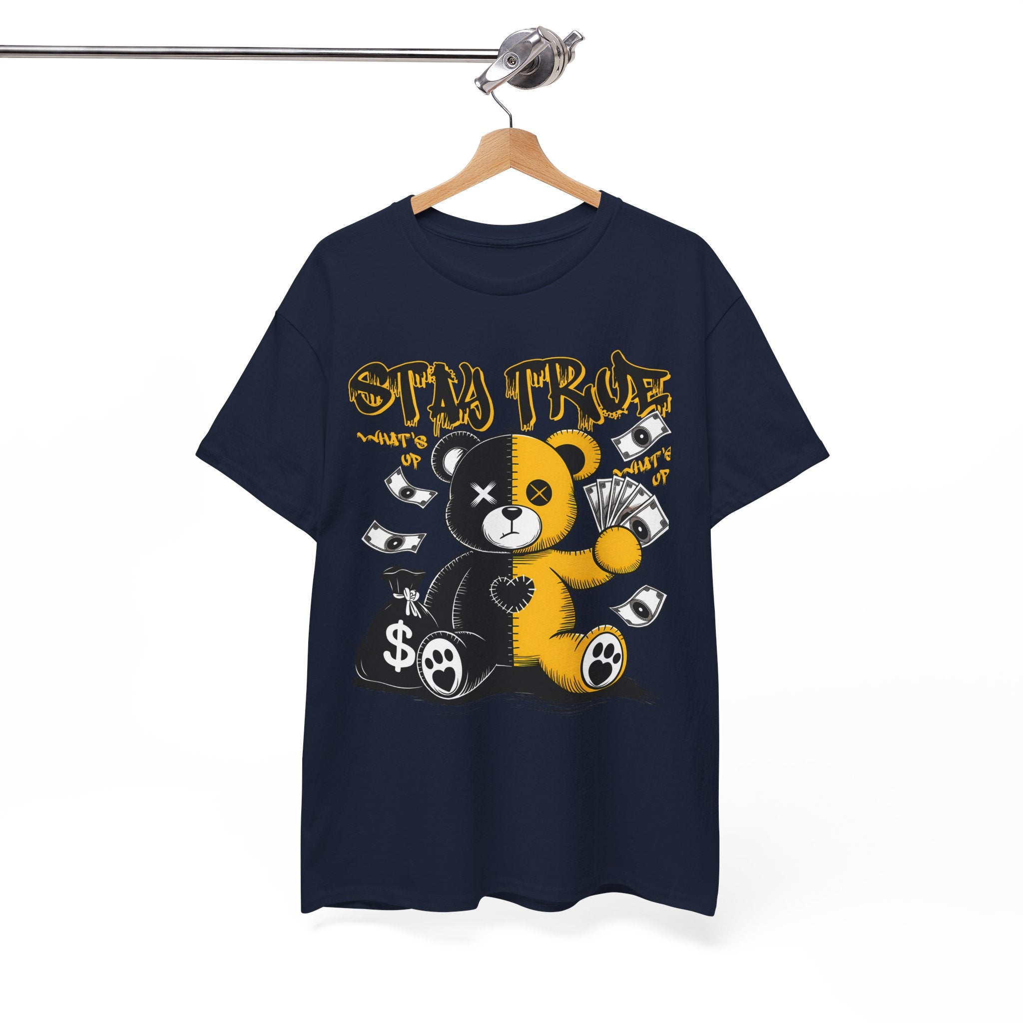 Stay True Bear Graphic Tee — Cute Black & Yellow Money Bear Shirt