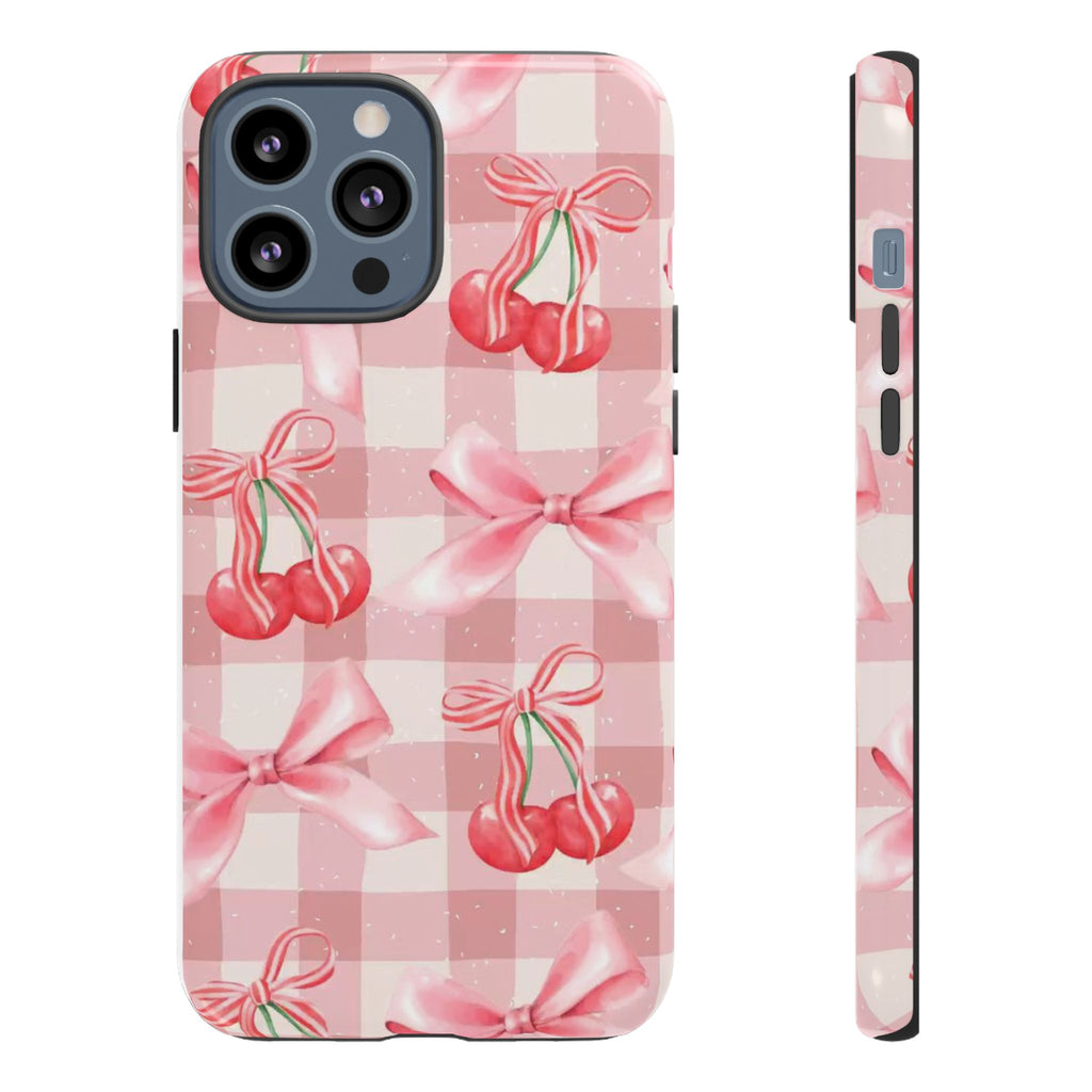 Pink Cherry Bow Phone Case — Cute Gingham Cherry Pattern