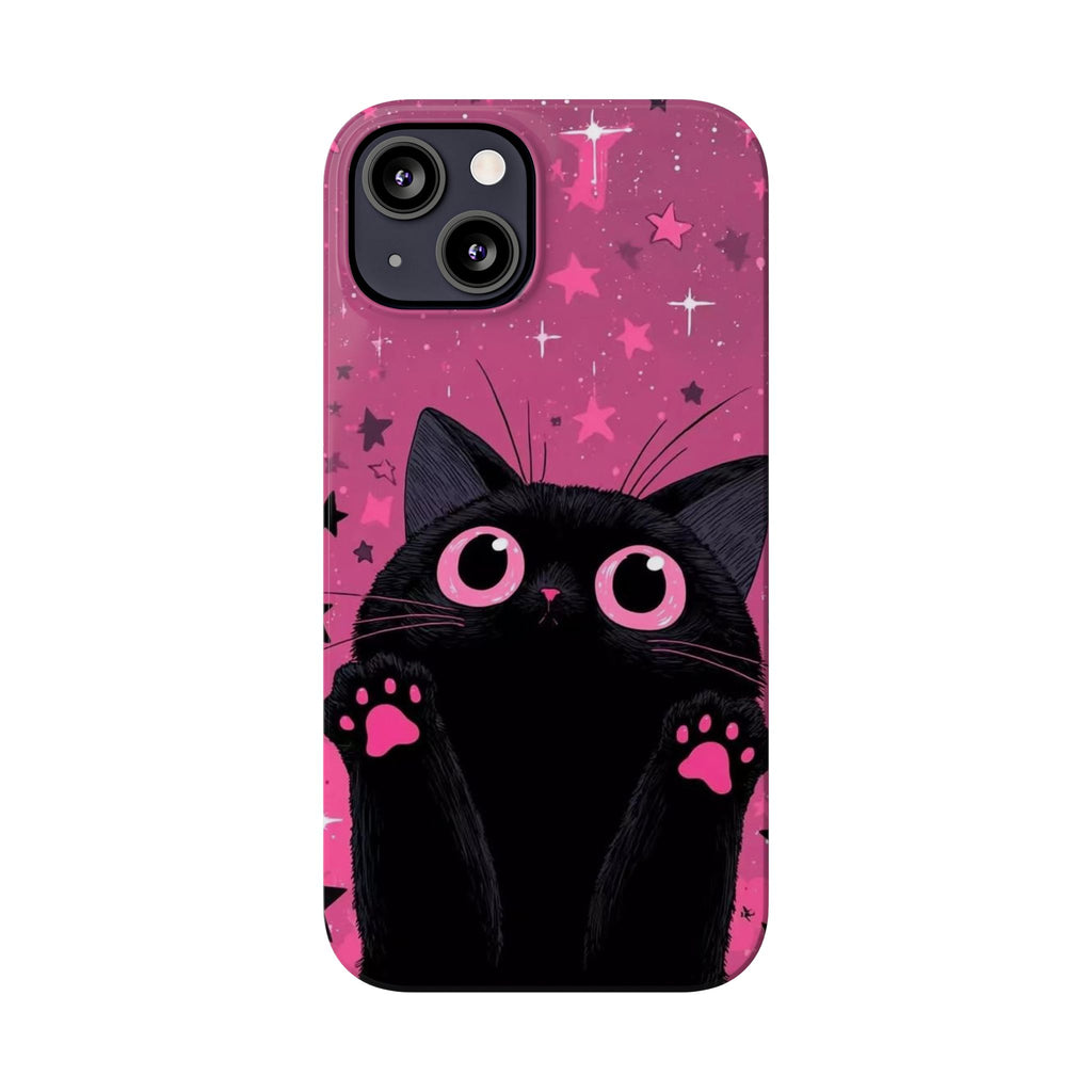 Cute Black Cat with Pink Paws Slim Phone Case | Starry Background