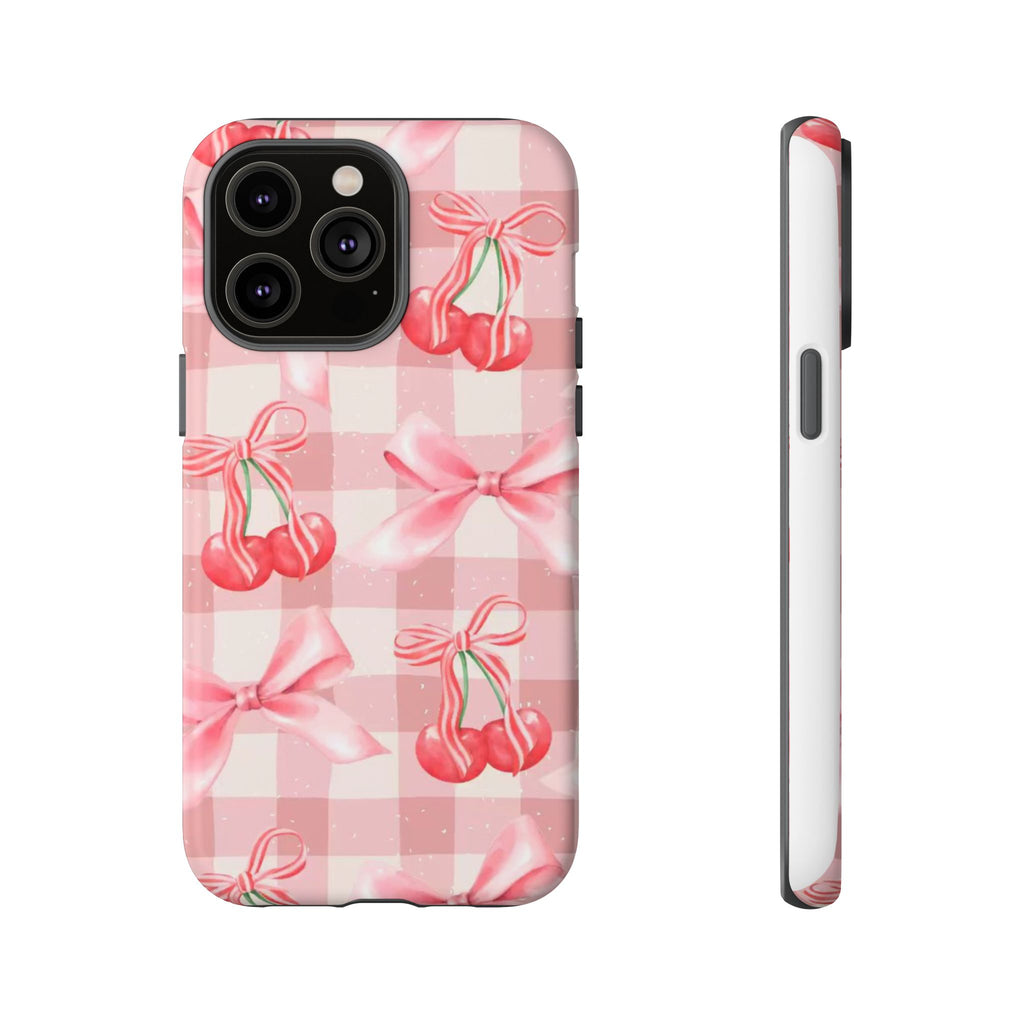 Pink Cherry Bow Phone Case — Cute Gingham Cherry Pattern